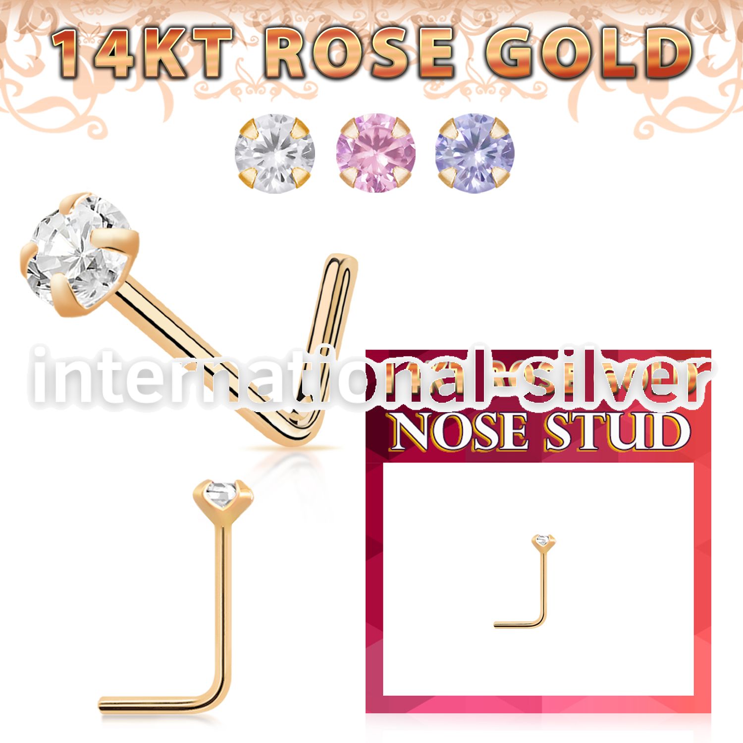 rnszm2 14 karat rose gold l shaped nose stud 22g color cz