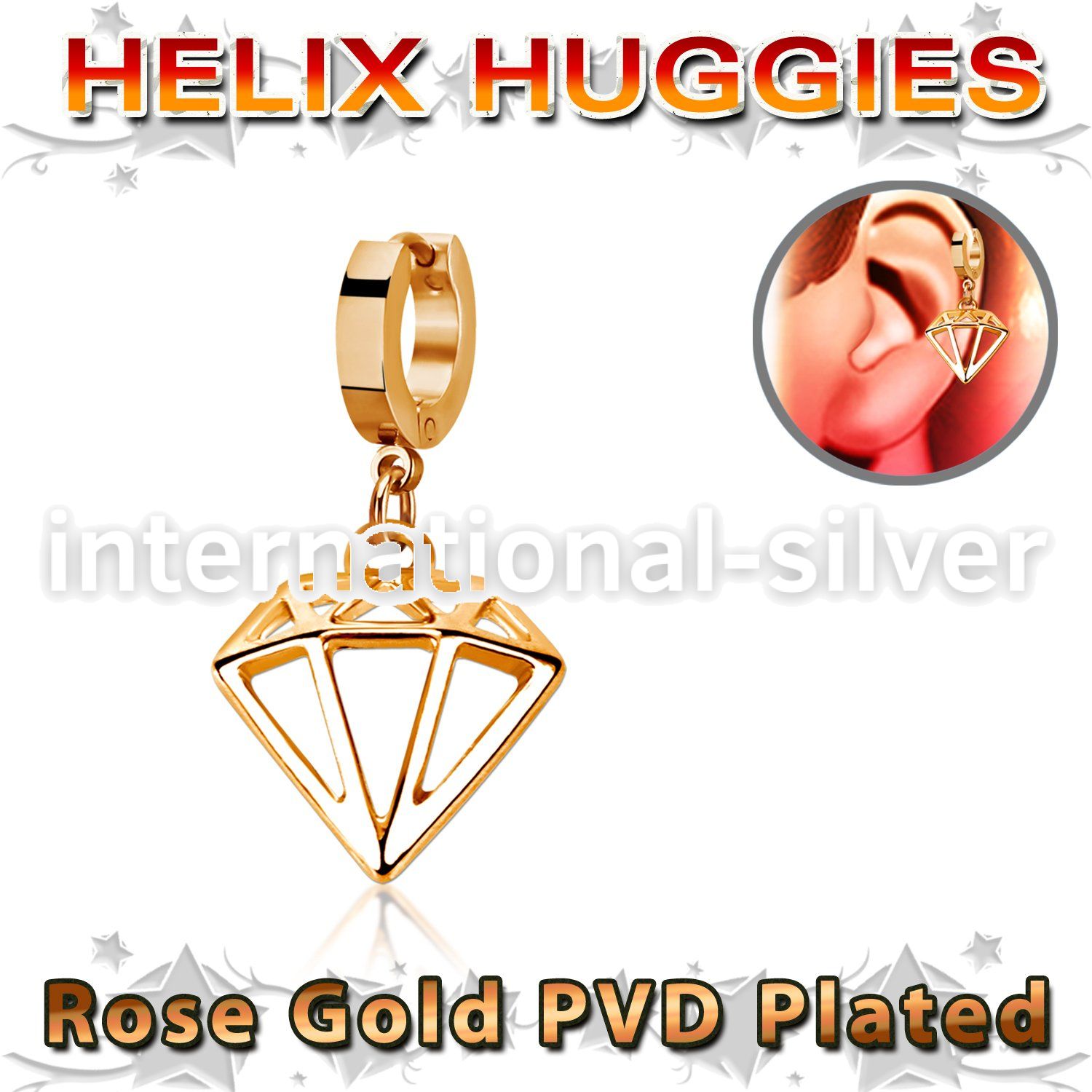 rose gold steel helix huggie w a diamond dangling 