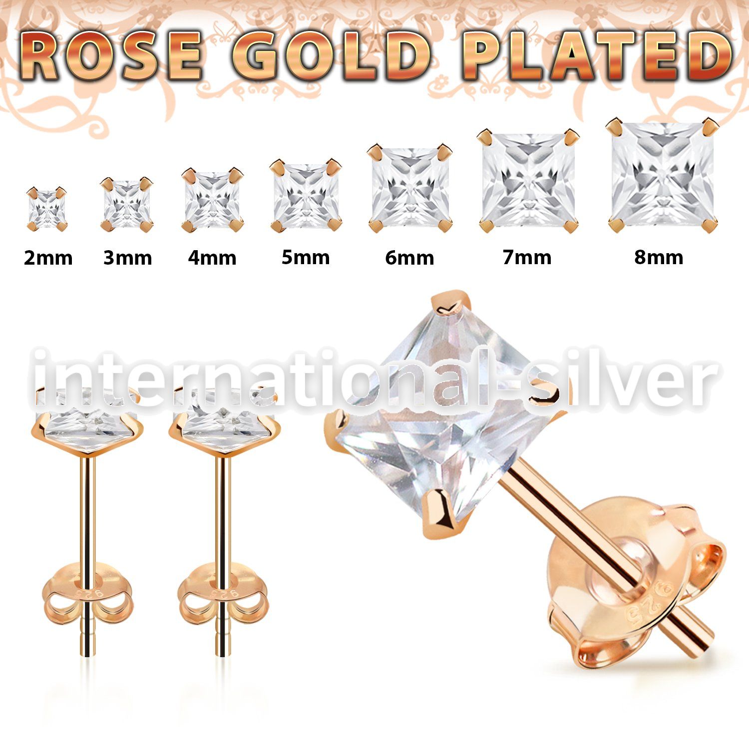 rpqz 1 pair rose gold plated silver earring studs square cz