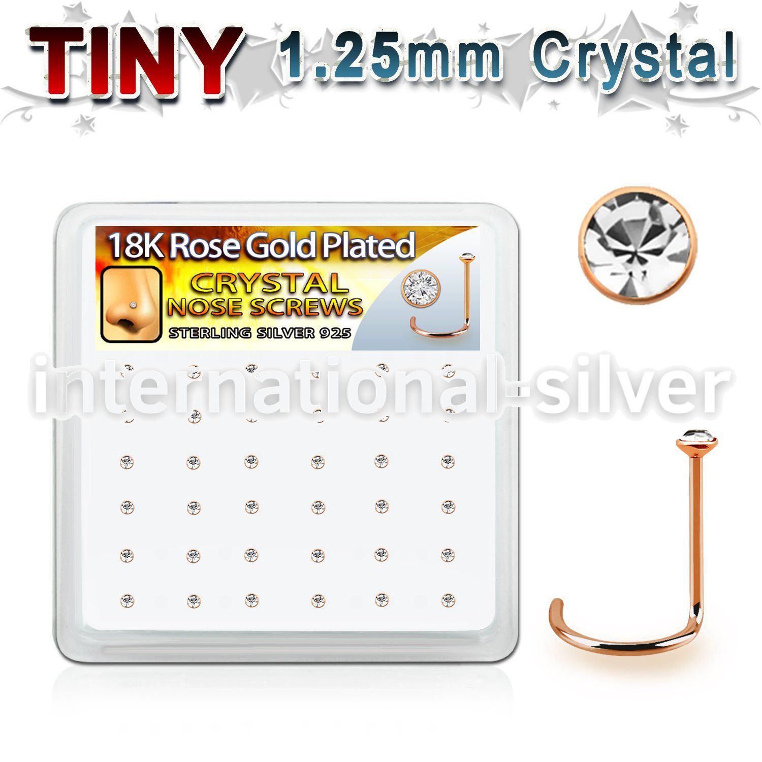 rsw6xc box rose gold plated silver nose screws w 1.25mm crystal
