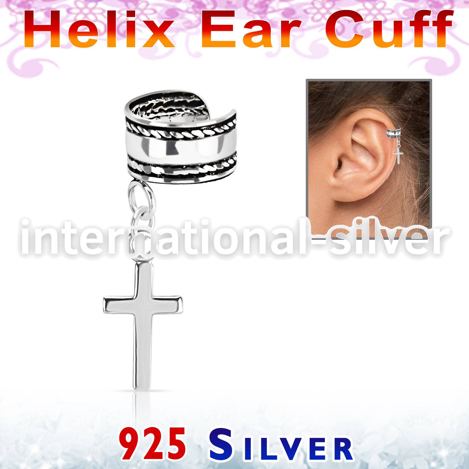 silver helix ear cuff w a rope edge w a cross dangling 