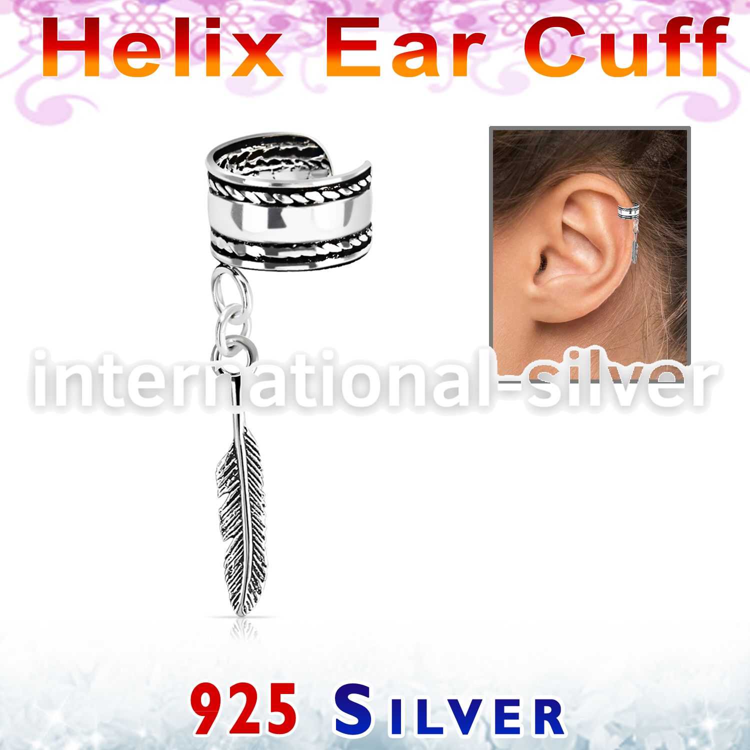 silver helix ear cuff w a rope edge w a feather dangling 