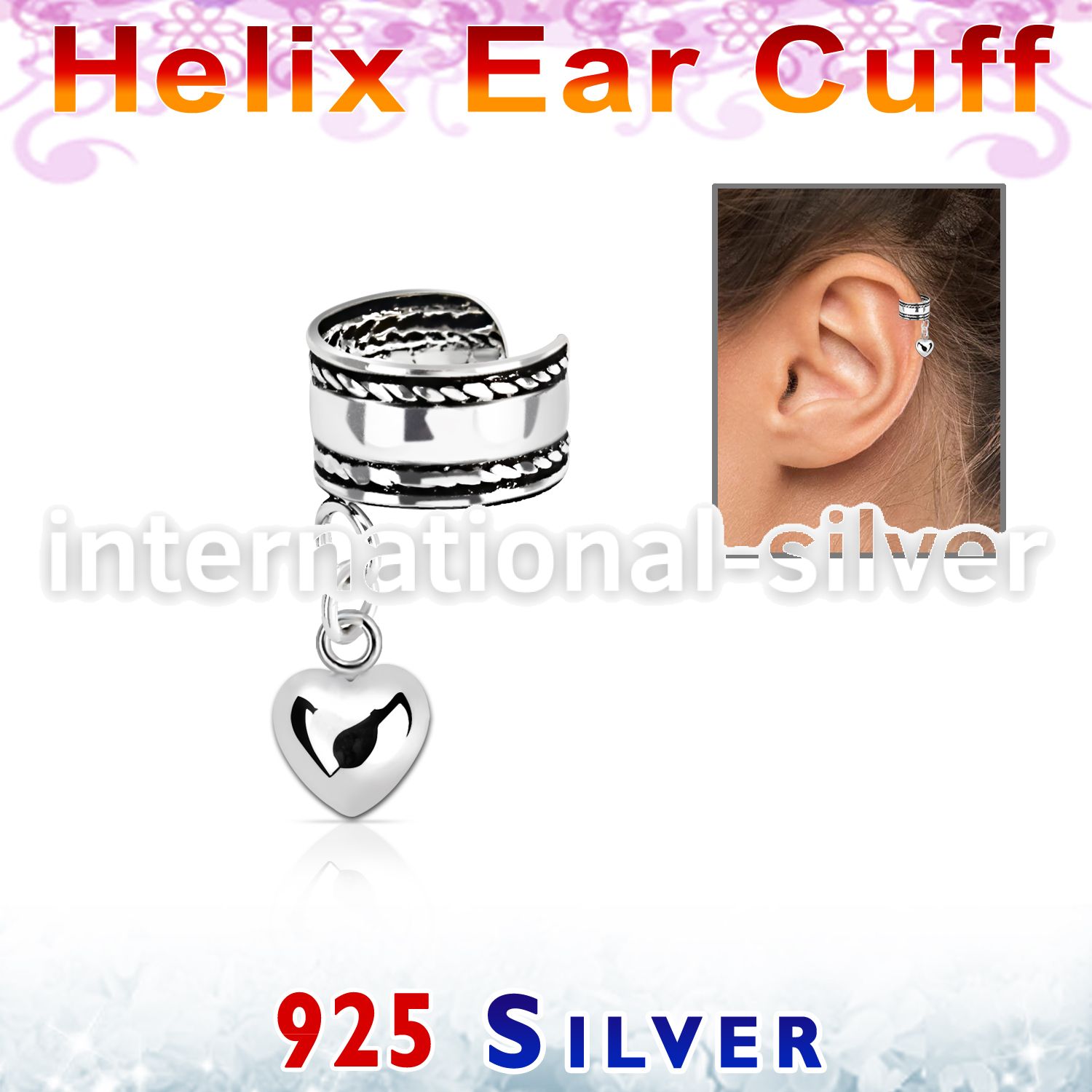 silver helix ear cuff w a rope edge w a heart dangling 