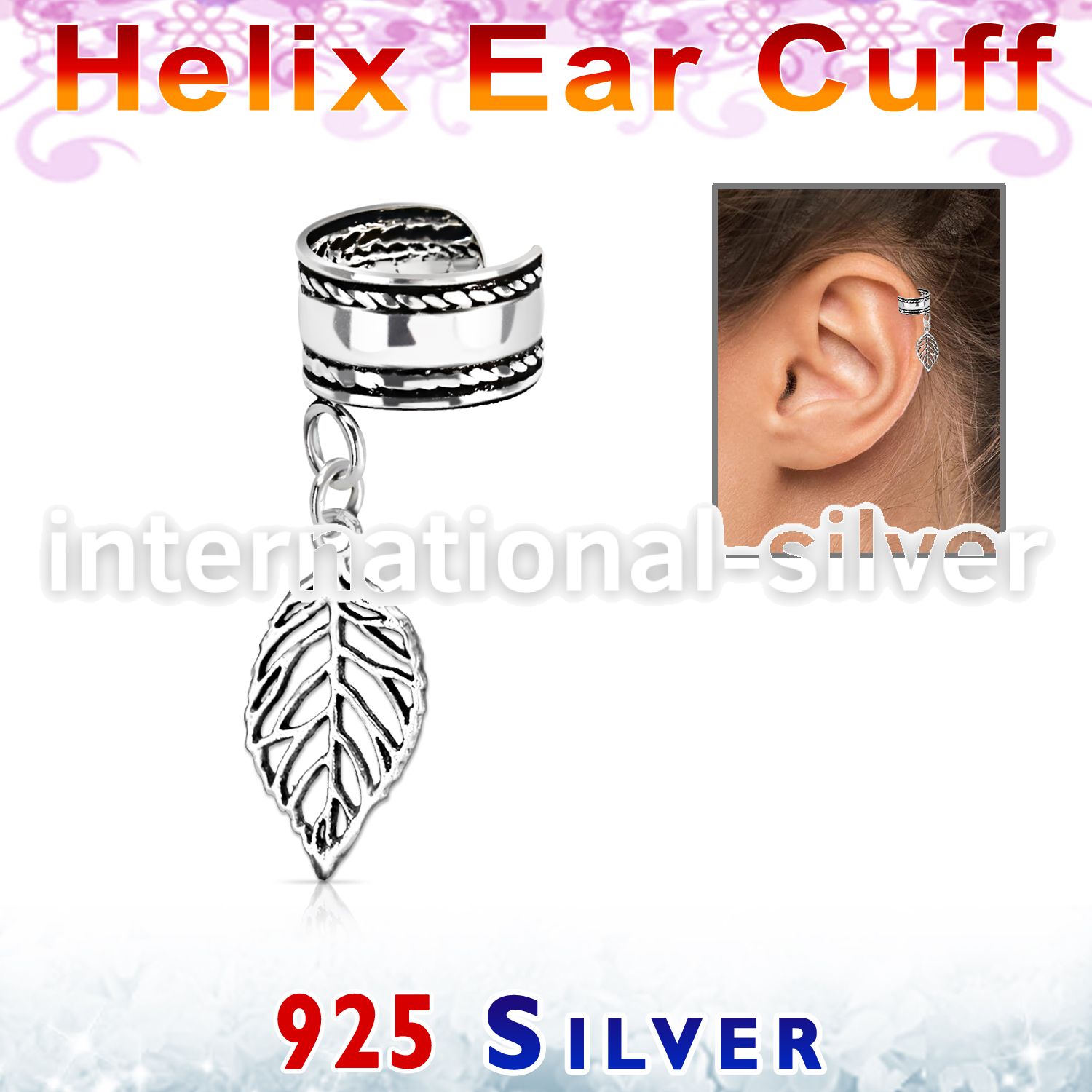 silver helix ear cuff w a rope edge w a leaf dangling 