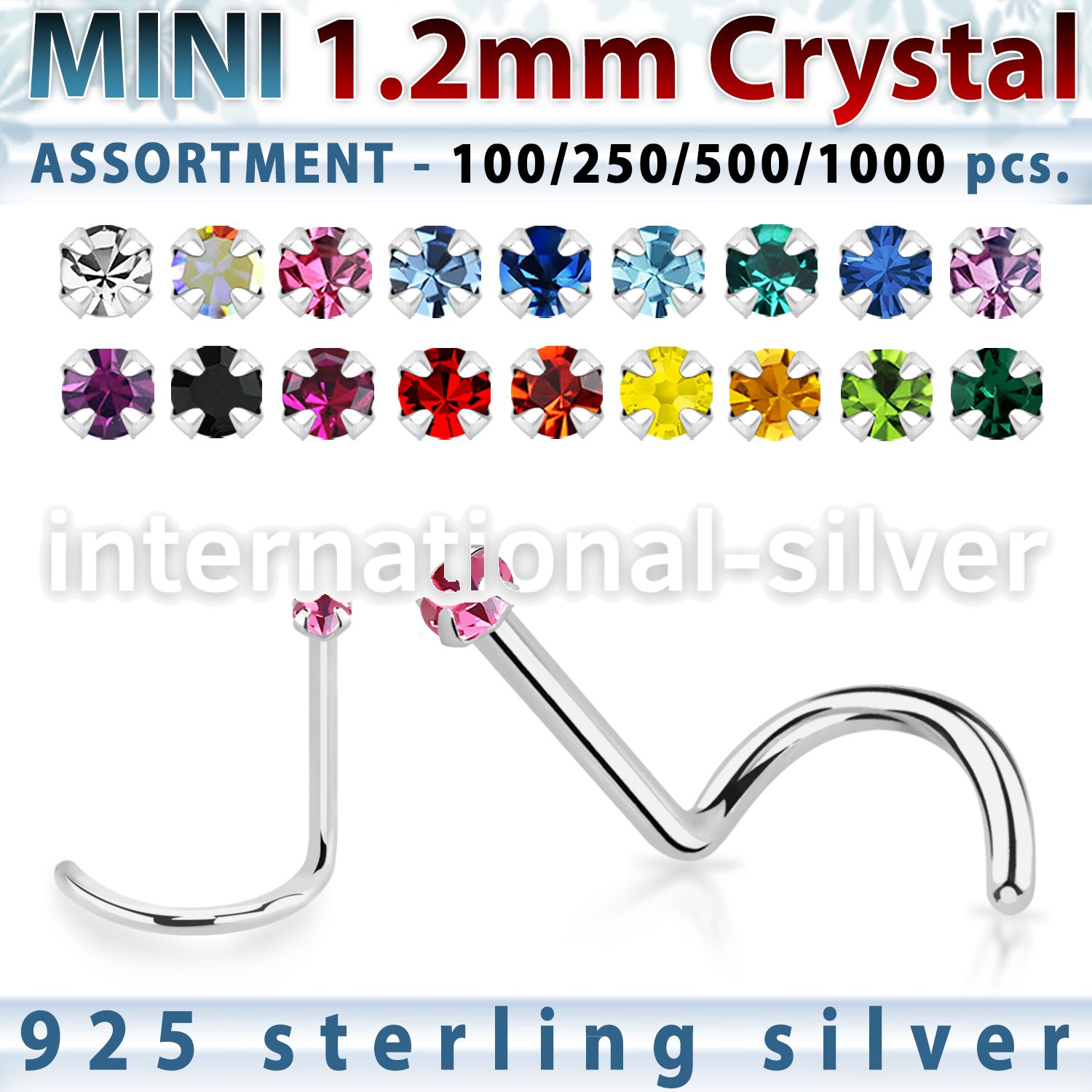 silver nose screw bulk w mini 1.2mm prong set crystals