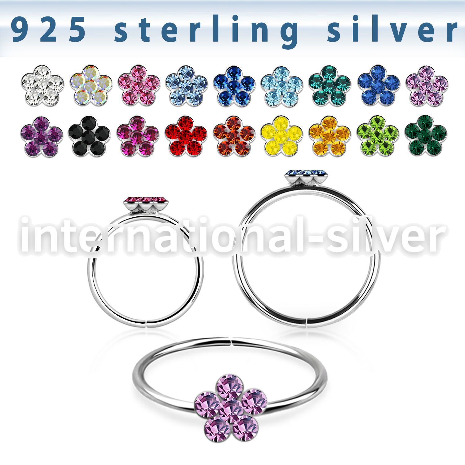 silver seamless nose hoop w crystals flower in the middle 