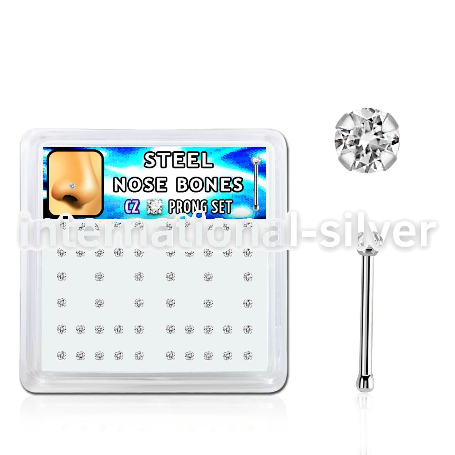 snbz15xc box w 316l steel nose bones, 20g w prong set 1.5mm cz
