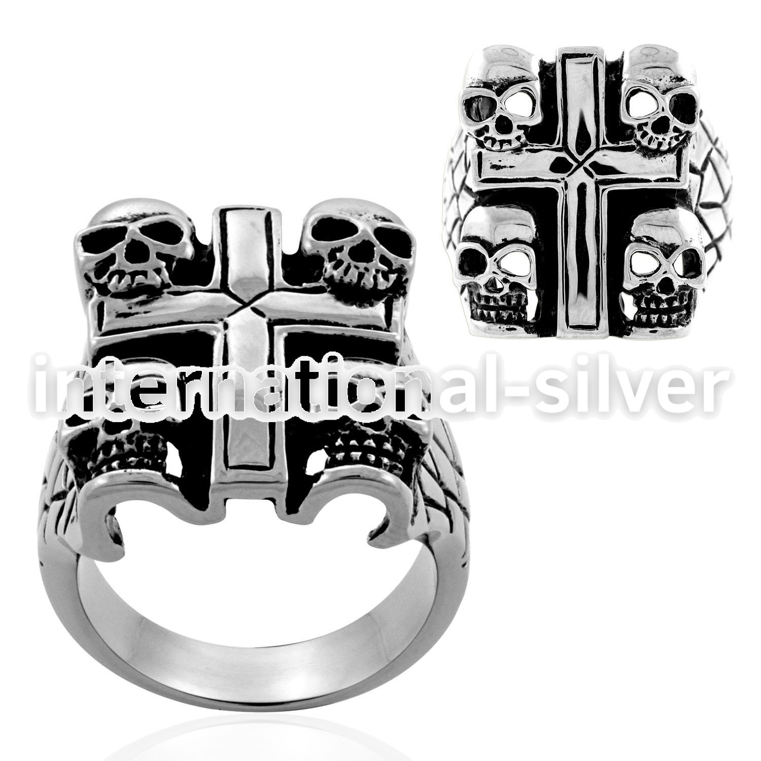 sr266 high polished steel ring with skulls on cross corners