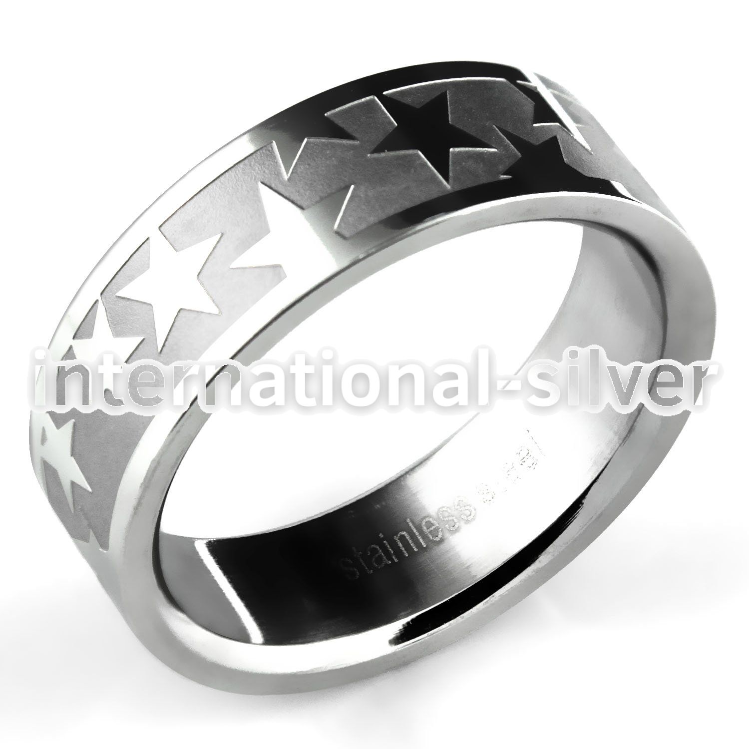 sr304 matte steel wedding band w high polished etched stars