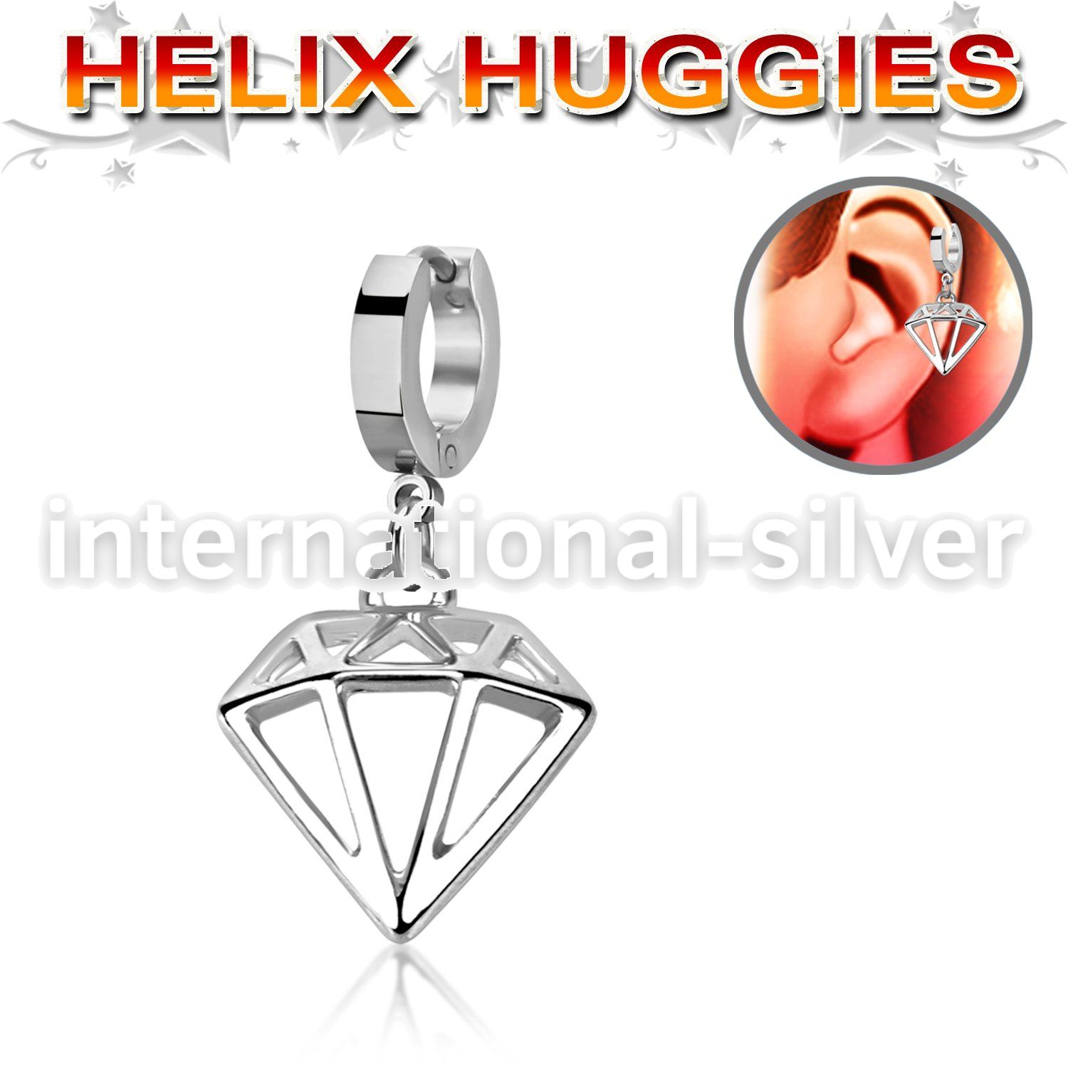 stainless steel huggie w a diamond shaped dangling 
