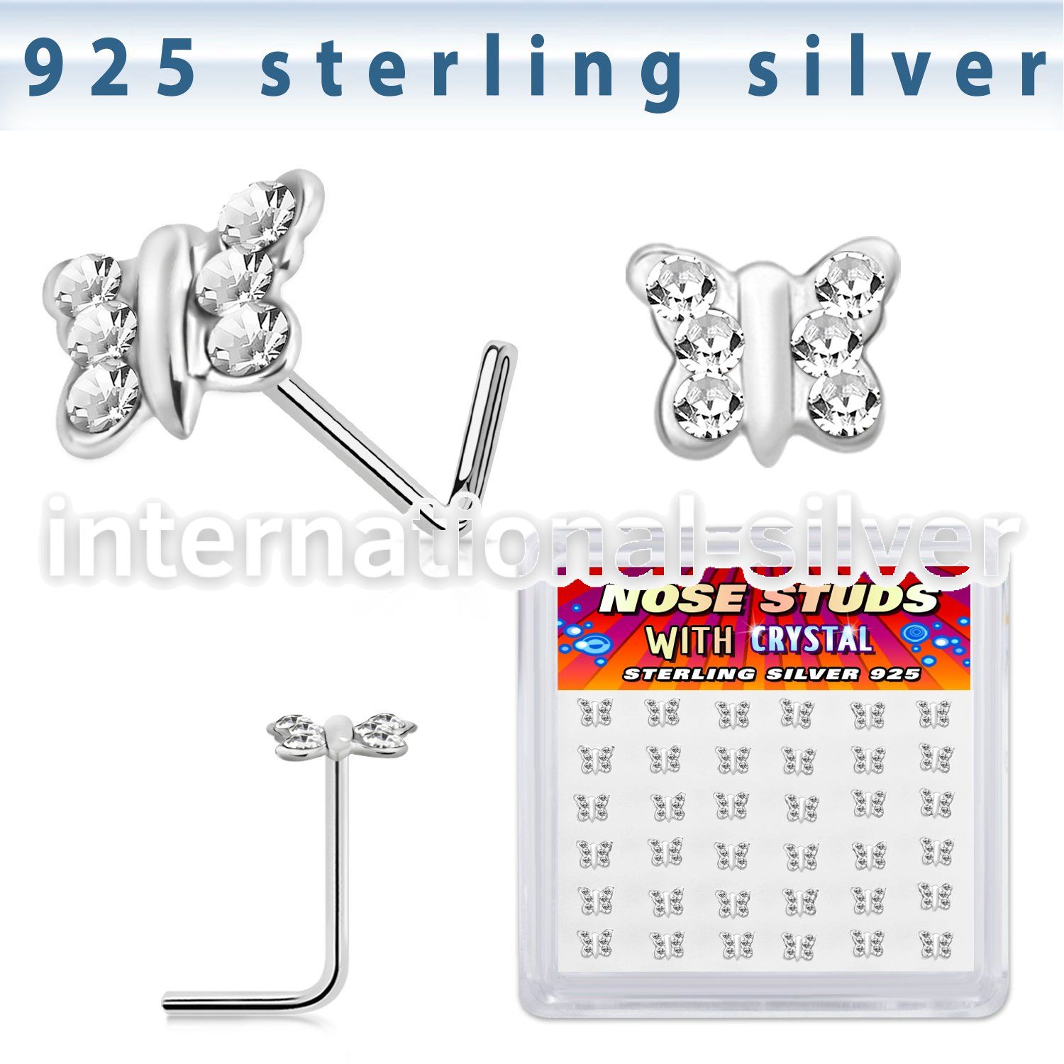 sxbutc36 silver l shaped nose studs 22g butterfly clear 36
