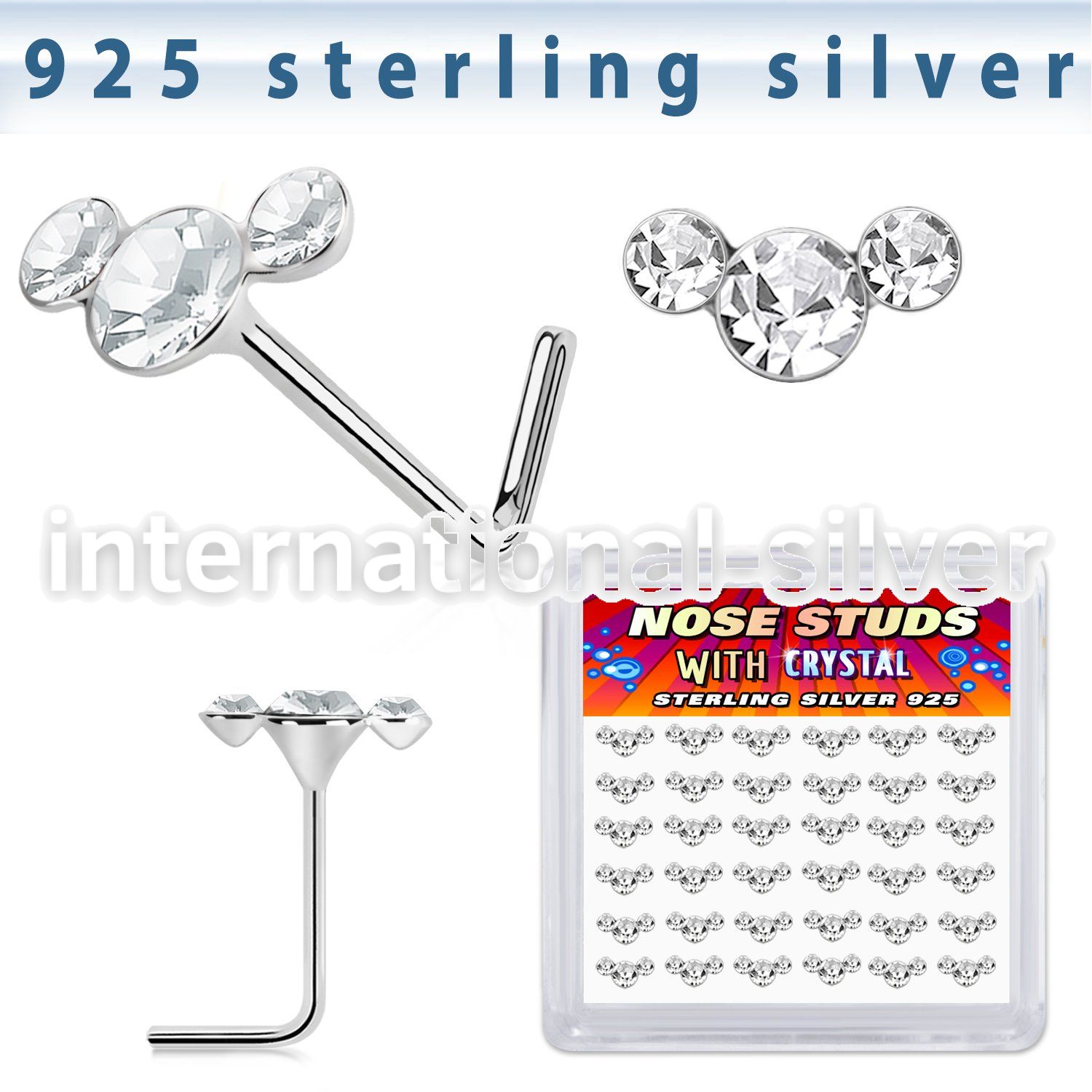 sxcuac36 silver l shaped nose studs 22g clear gems curved 36