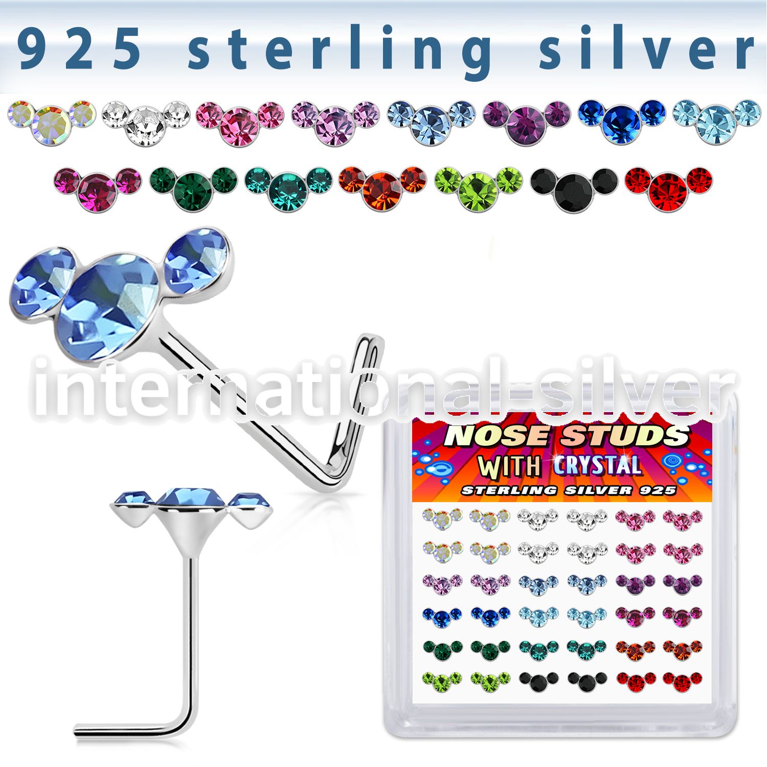 sxcuam36 silver l shaped nose studs 22g gems colors 36