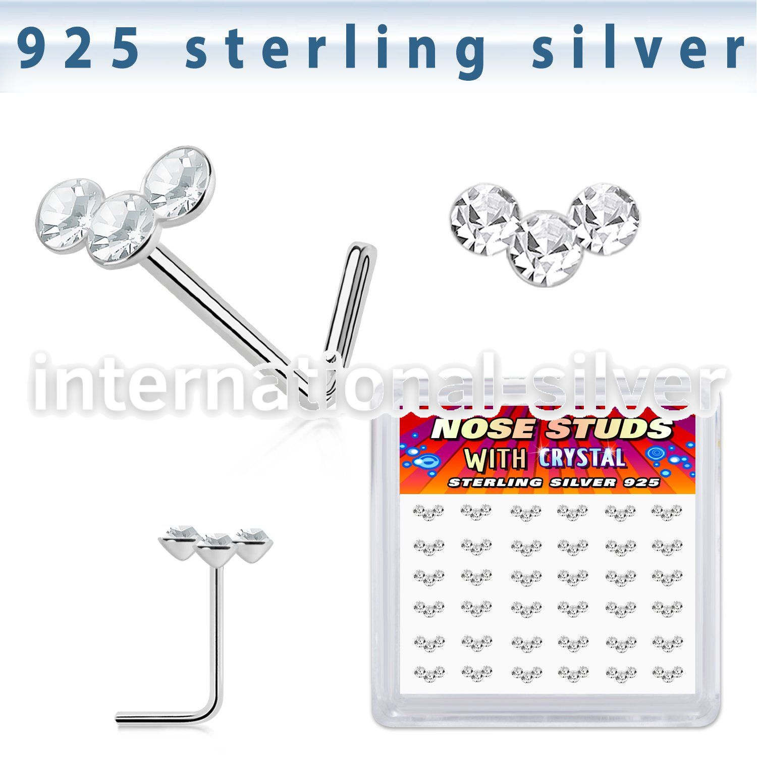sxcubc36 silver l shaped nose studs 22g clear gems curved 36