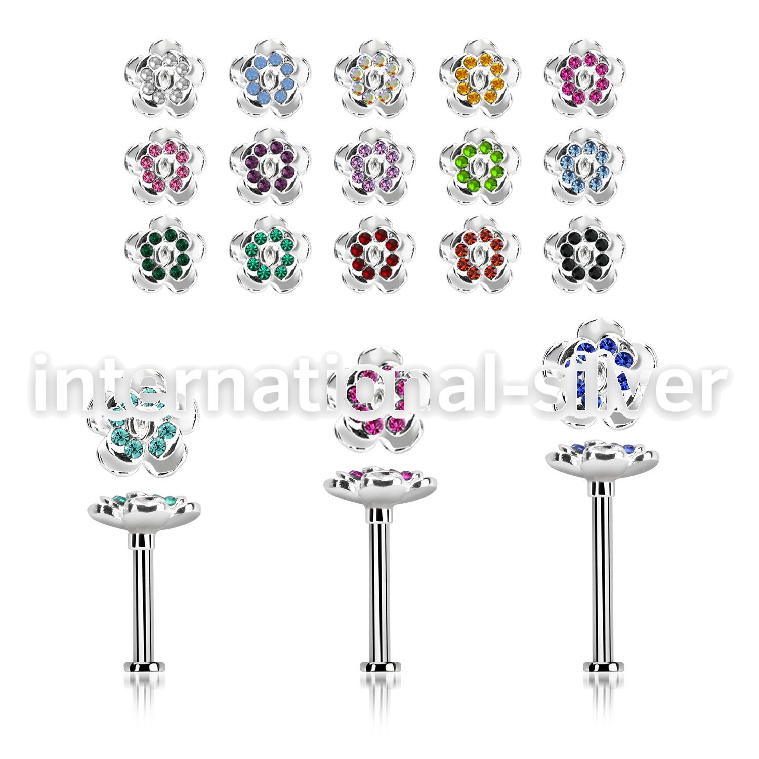 tlb38 steel tragus labret w a crystal flower upper part