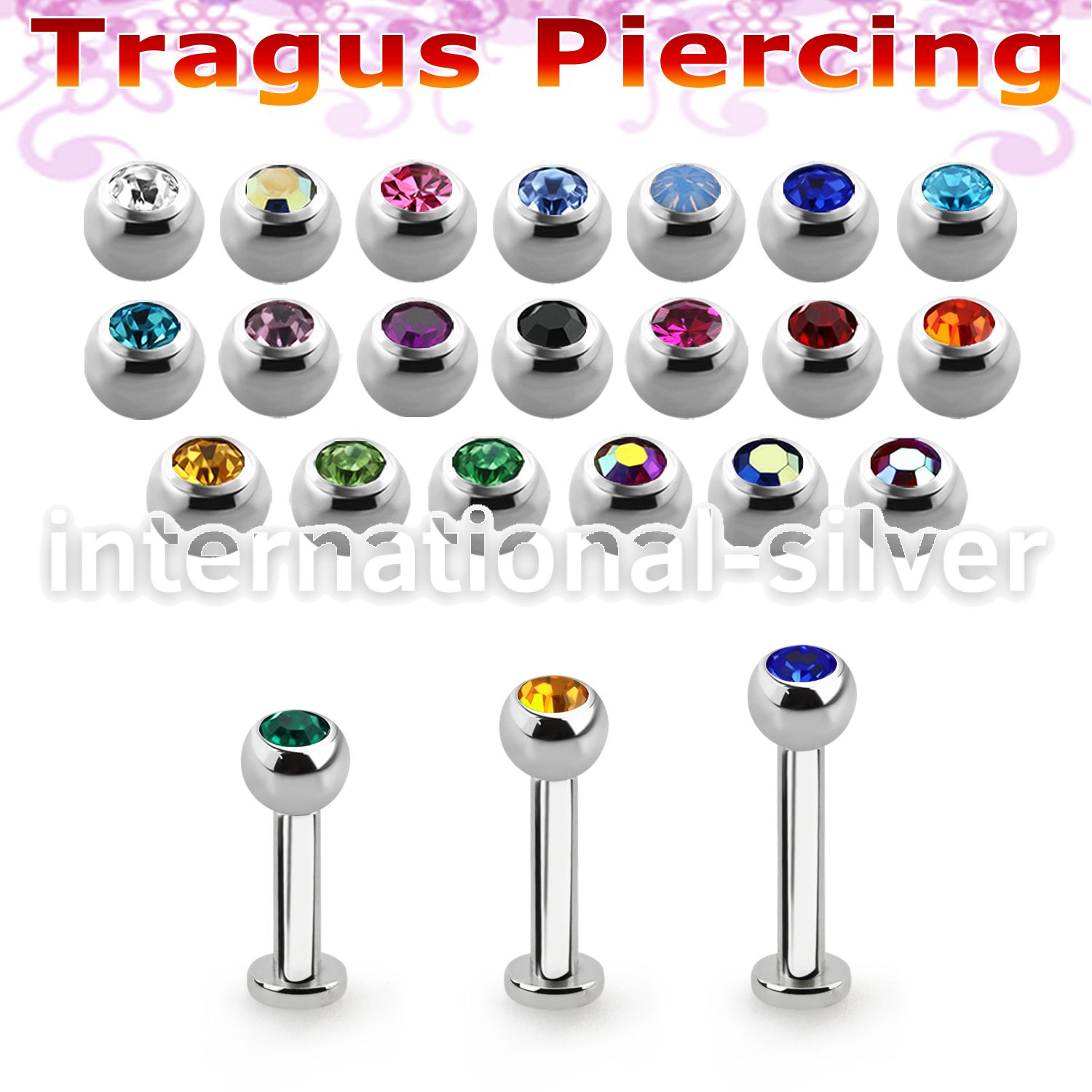 tlbc3 316l steel tragus labret 16g w 3mm bezel set jewel ball 