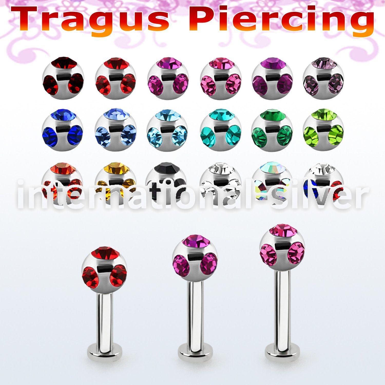 tlbca4 316l steel tragus labret 16g w 4mm multi jewel ball 