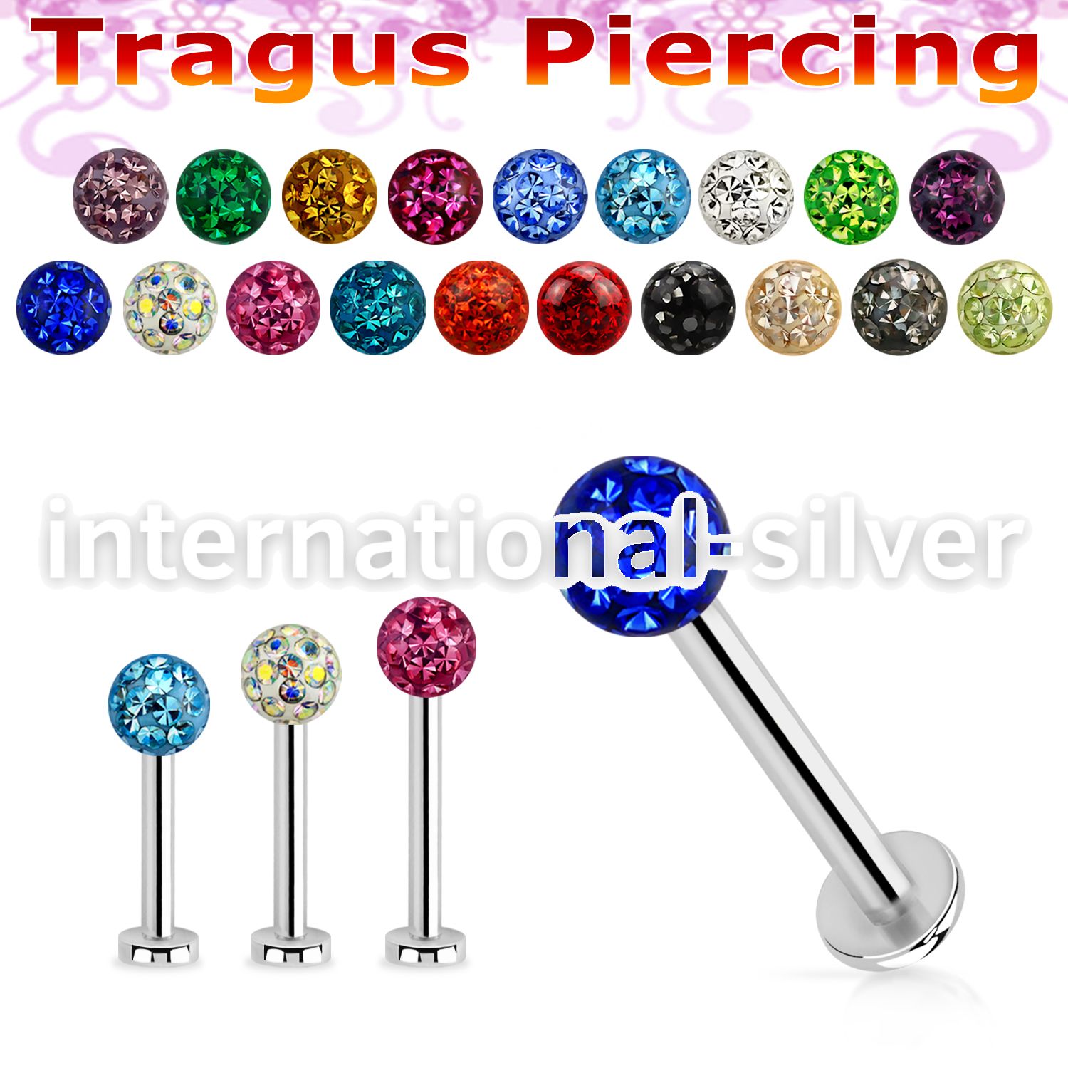 tlbfr3 316l steel tragus labret 16g w a 3mm multi crystal ball