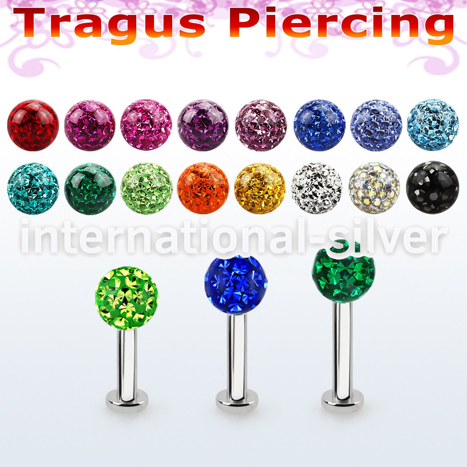 tlbfr5s 316l steel tragus labret 16g w a 5mm multi crystal ball