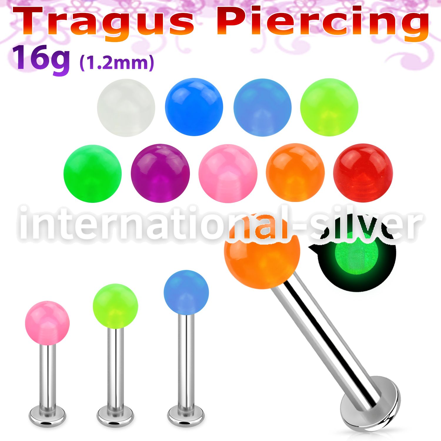 tlbglb3 316l steel tragus labret 16g 3mm glow in the dark ball 