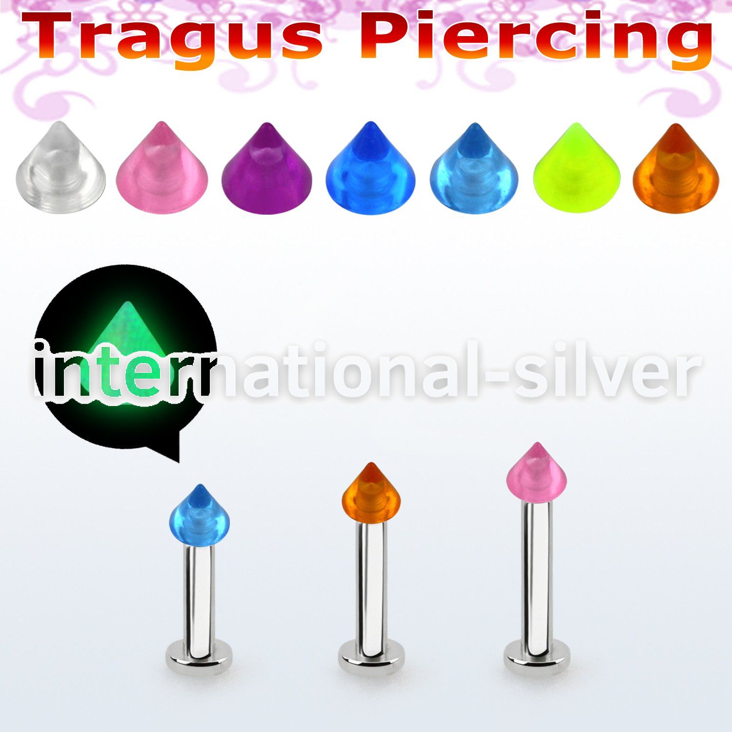 tlbglcn3 316l steel tragus labret 16g 3mm glow in the dark cone 