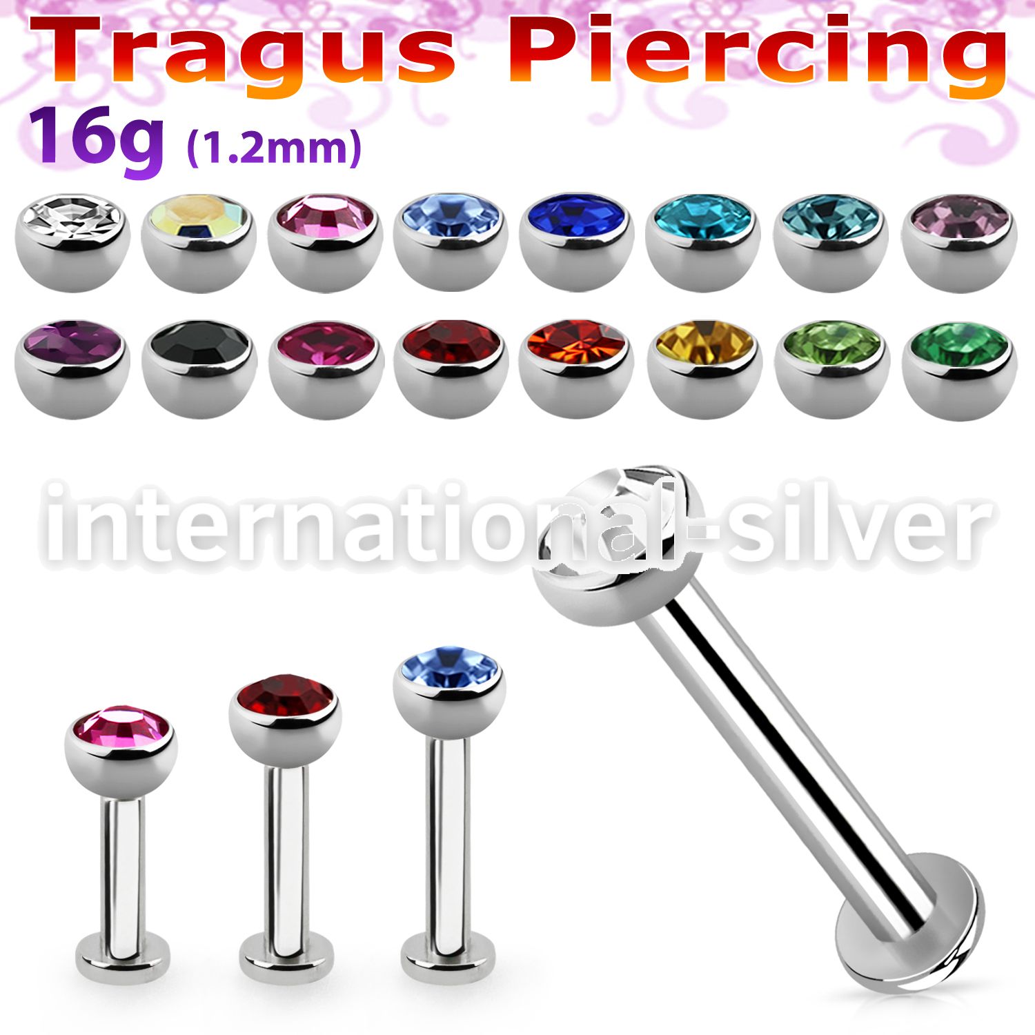 tlbhjb3 316l steel tragus labret 16g w 3mm half jewel ball 