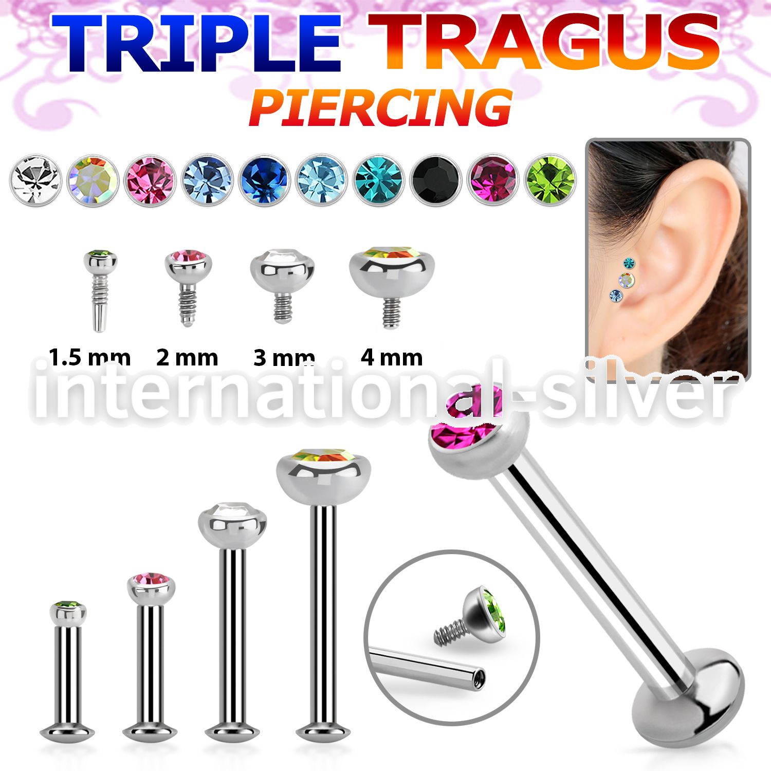 tlbirc steel internally threaded tragus labret jewel flat head