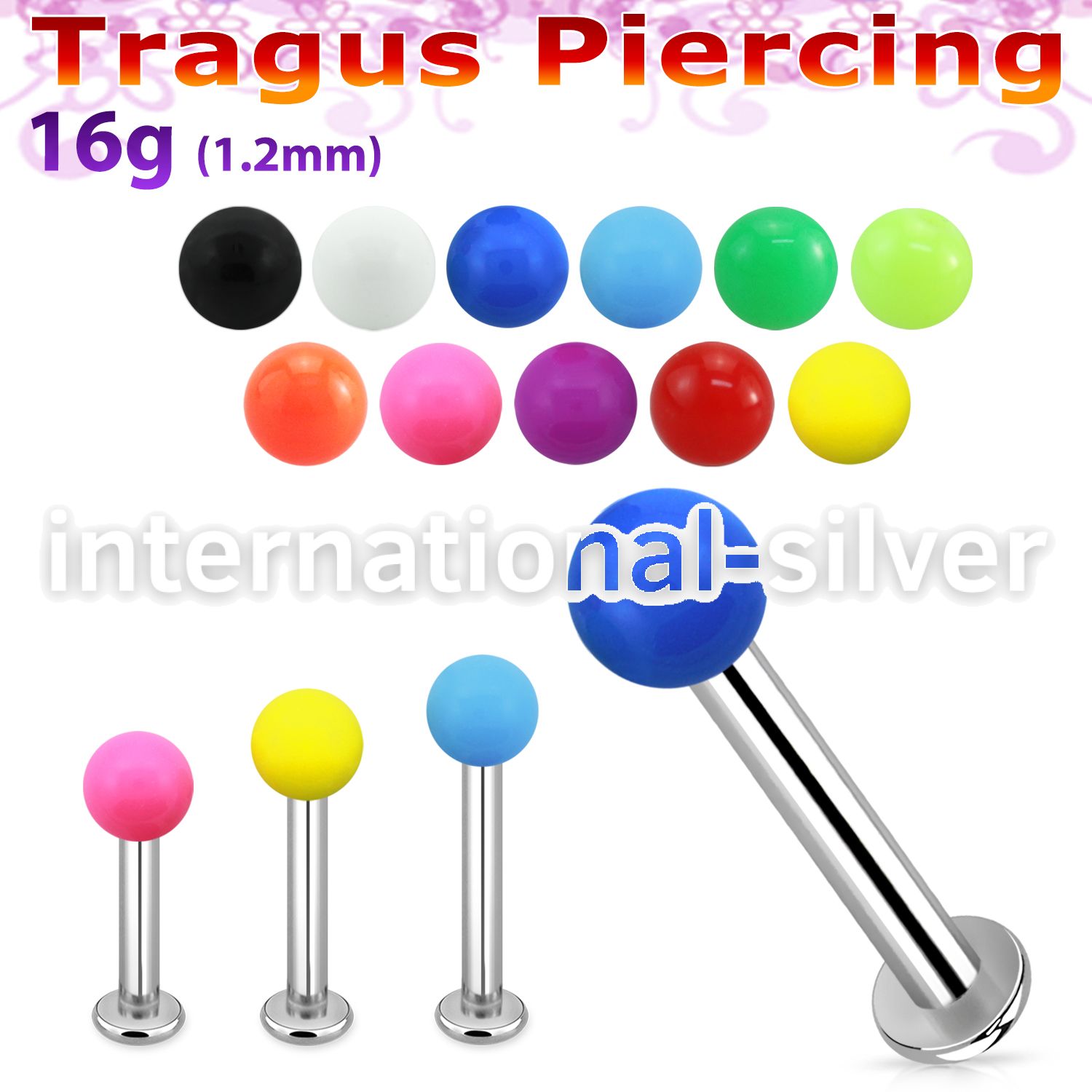 tlbsab3 316l steel tragus labret 16g w a 3mm solid color ball 