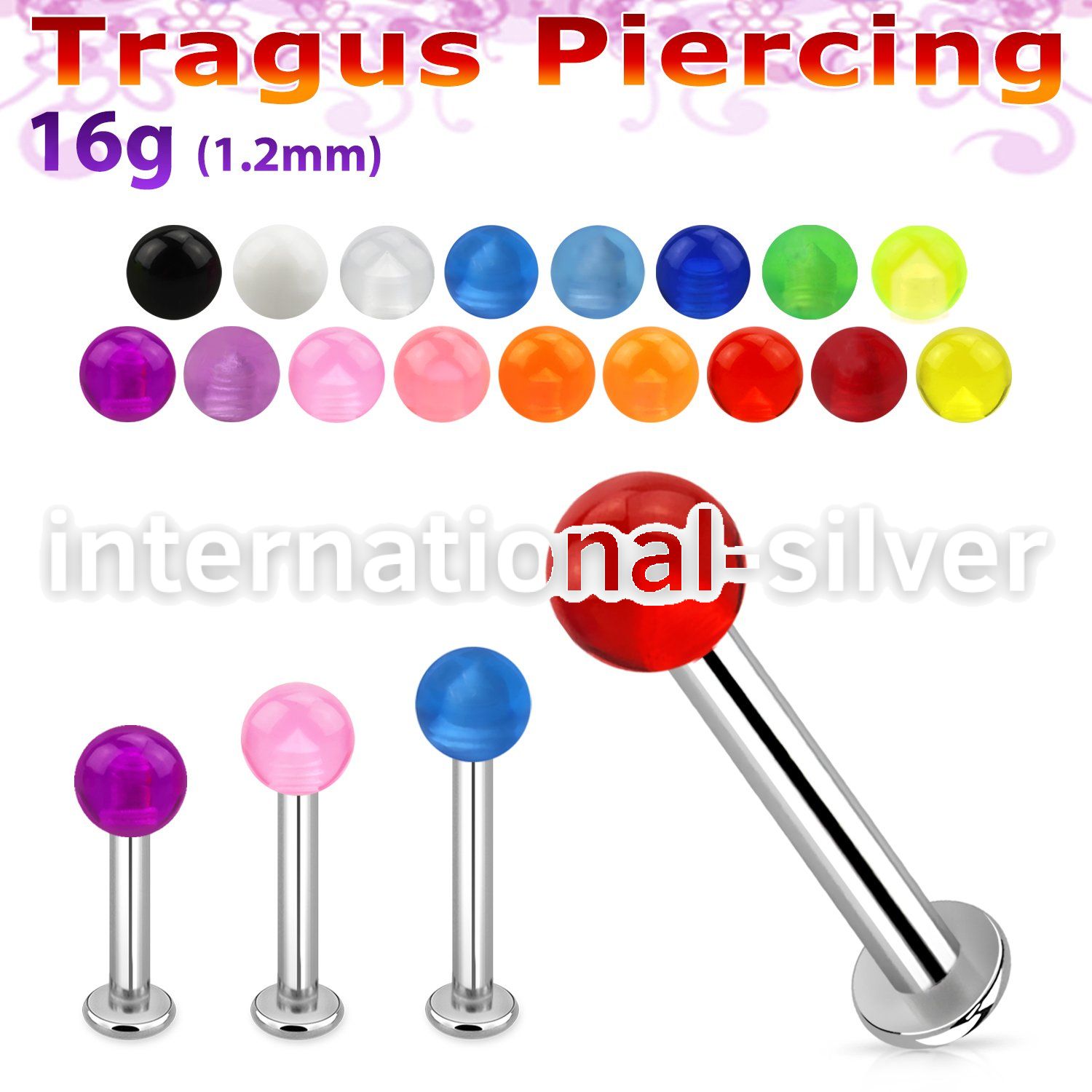 tlbuvb3 316l steel tragus labret 16g w a 3mm acrylic uv ball 
