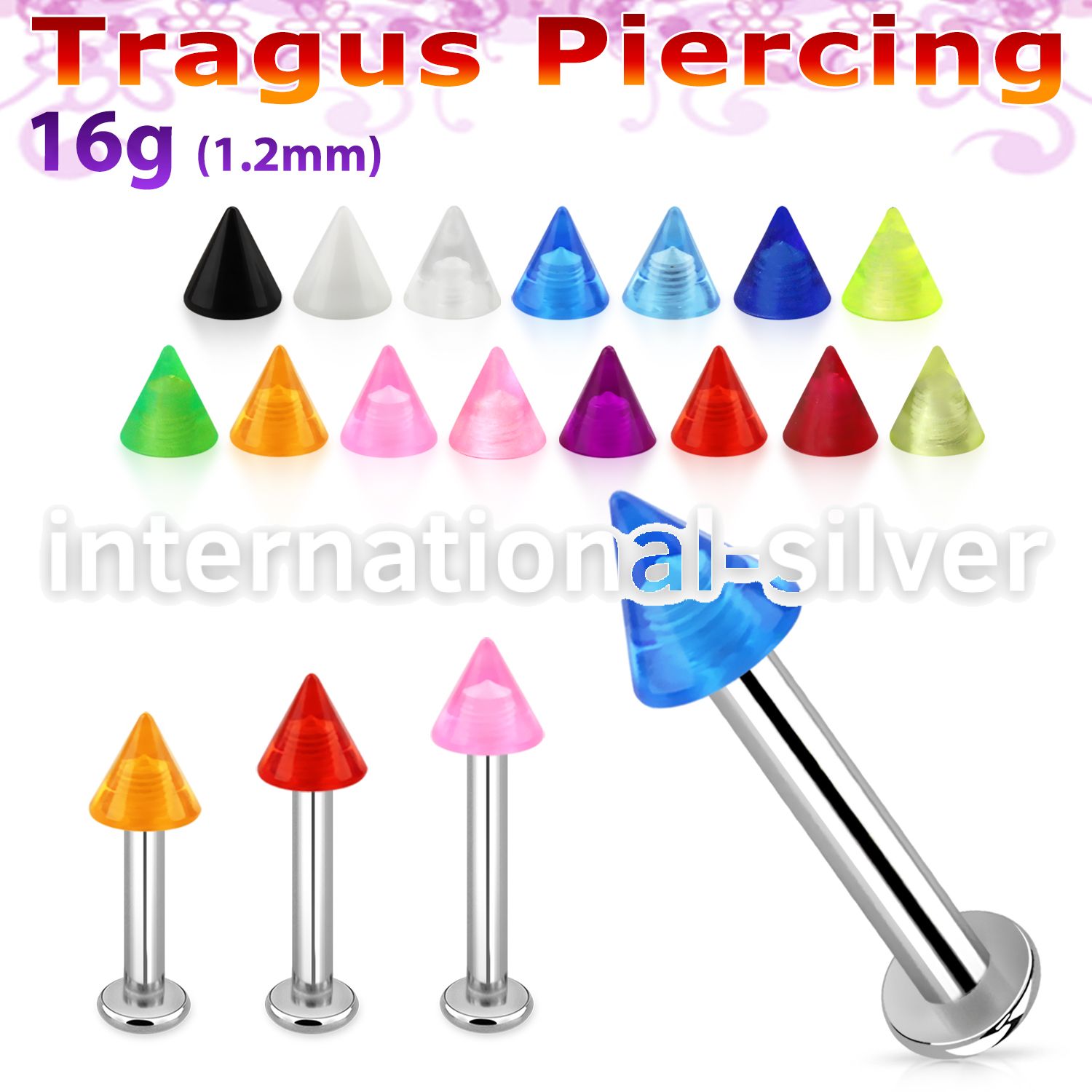 tlbuvcn3 316l steel tragus labret 16g w a 3mm acrylic uv cone 