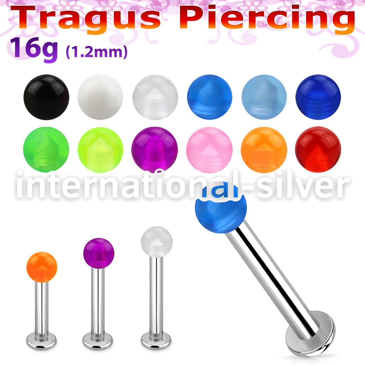 tlbvb25 316l steel tragus labret 16g w a 2.5mm acrylic uv ball 