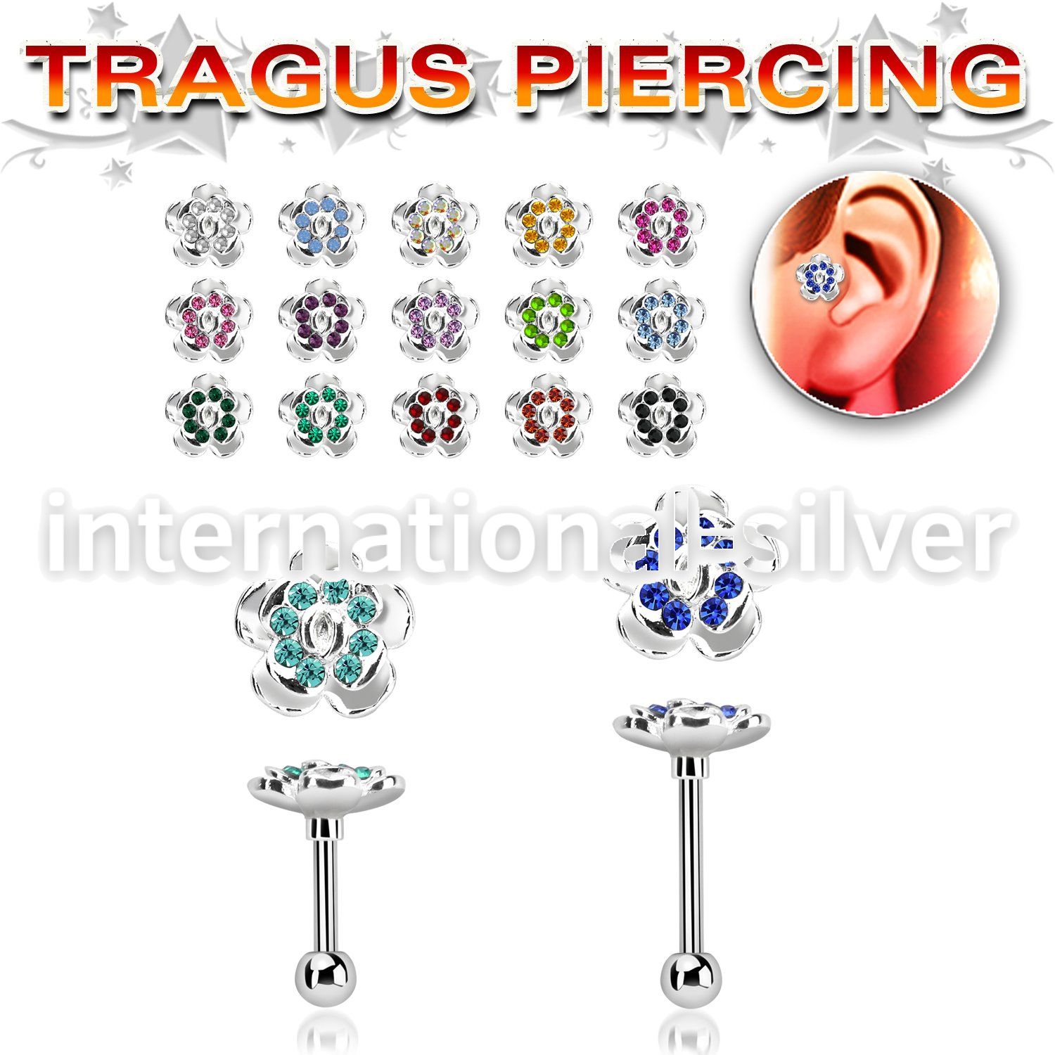 trg38 steel tragus piercing barbell w crystal flower top part