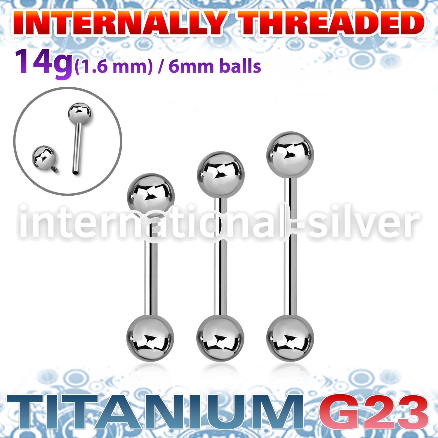 ubbgin titanium g23 tongue straight barbell 6mm balls