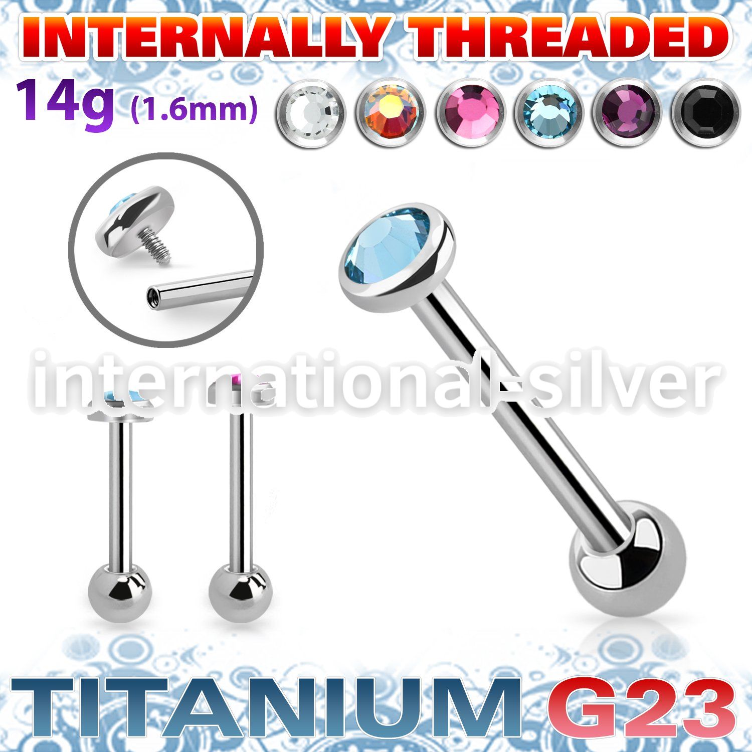 ubbimfb5 titanium barbell 14g flat gem top ball internal