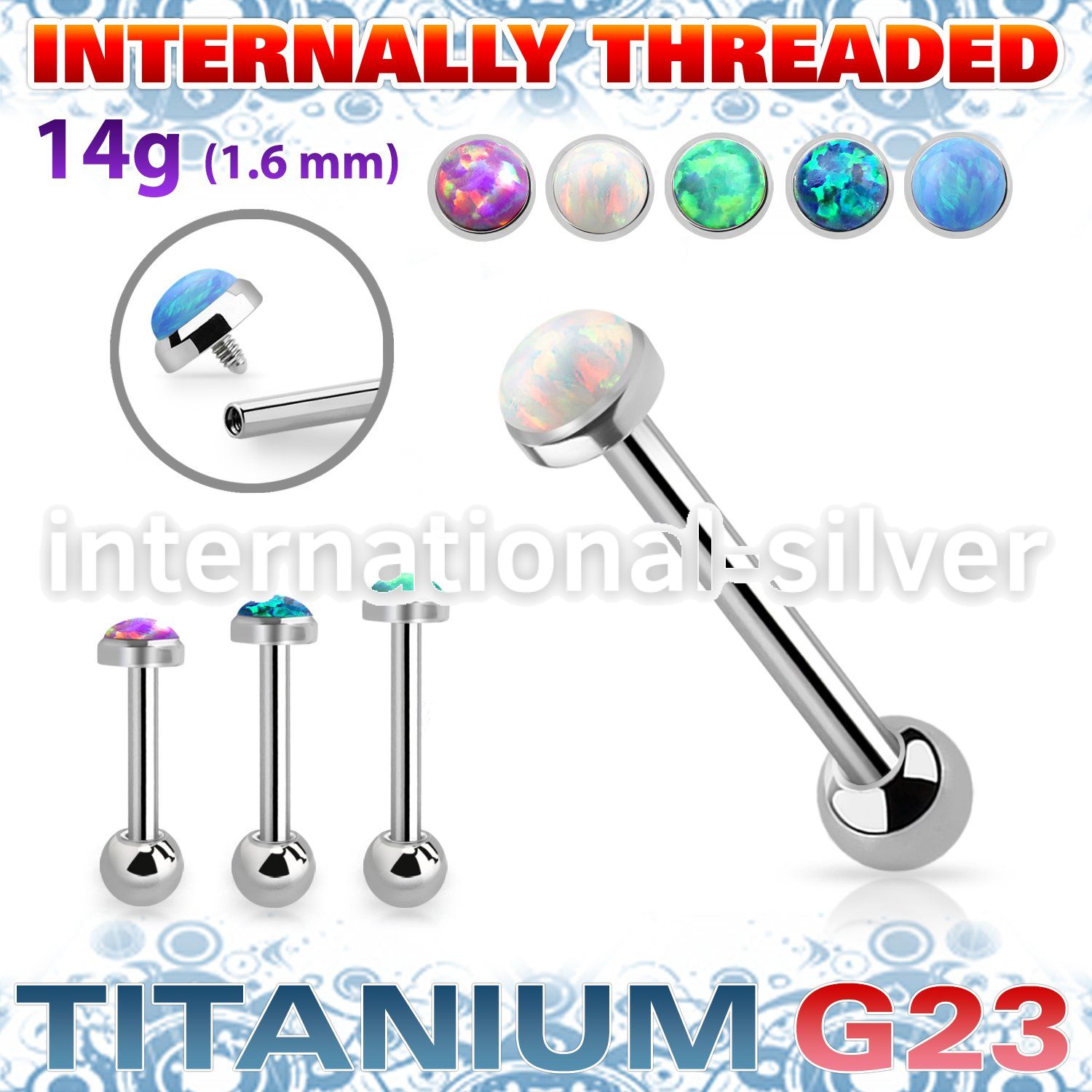 ubbinfop5 titanium barbell 14g flat cabochon opal internal