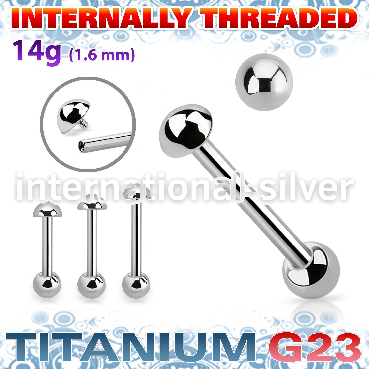 ubbinhb5 titanium straight barbell 14g half ball internal