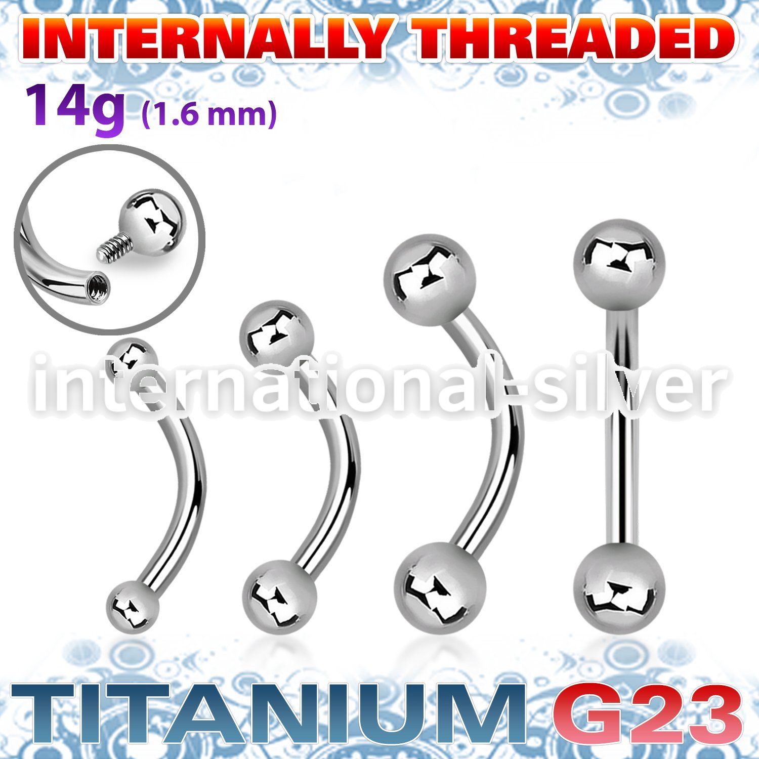ubnbi titanium curved 14g barbell balls internal