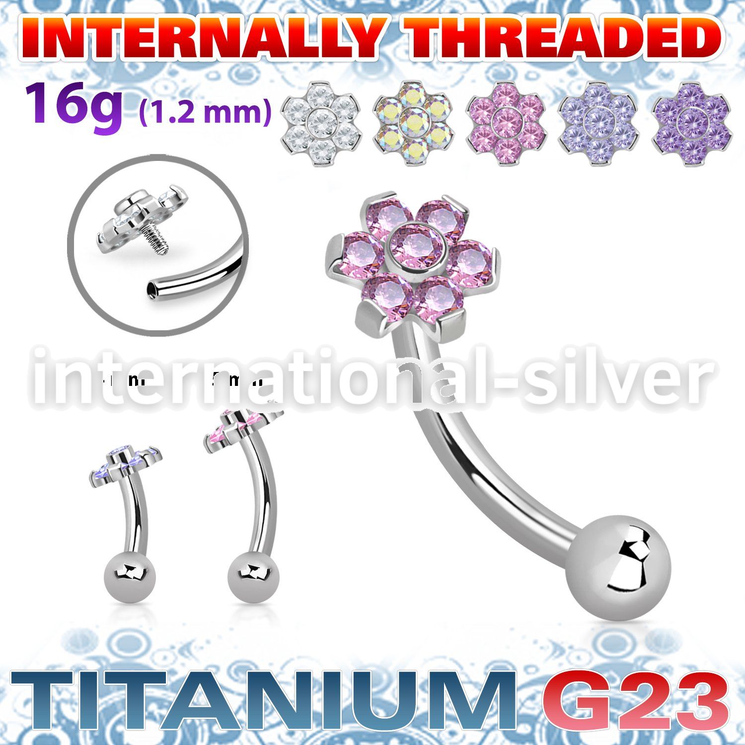 ubnbin10 titanium curved barbell 16g flower cz ball internal