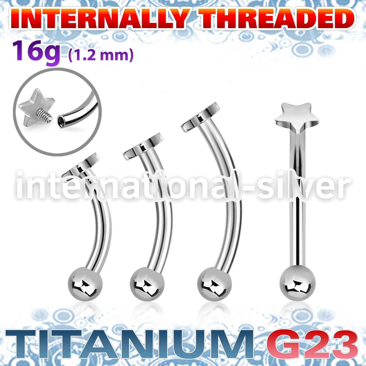 ubnbin1 titanium curvedbarbell 16g star top ball internal