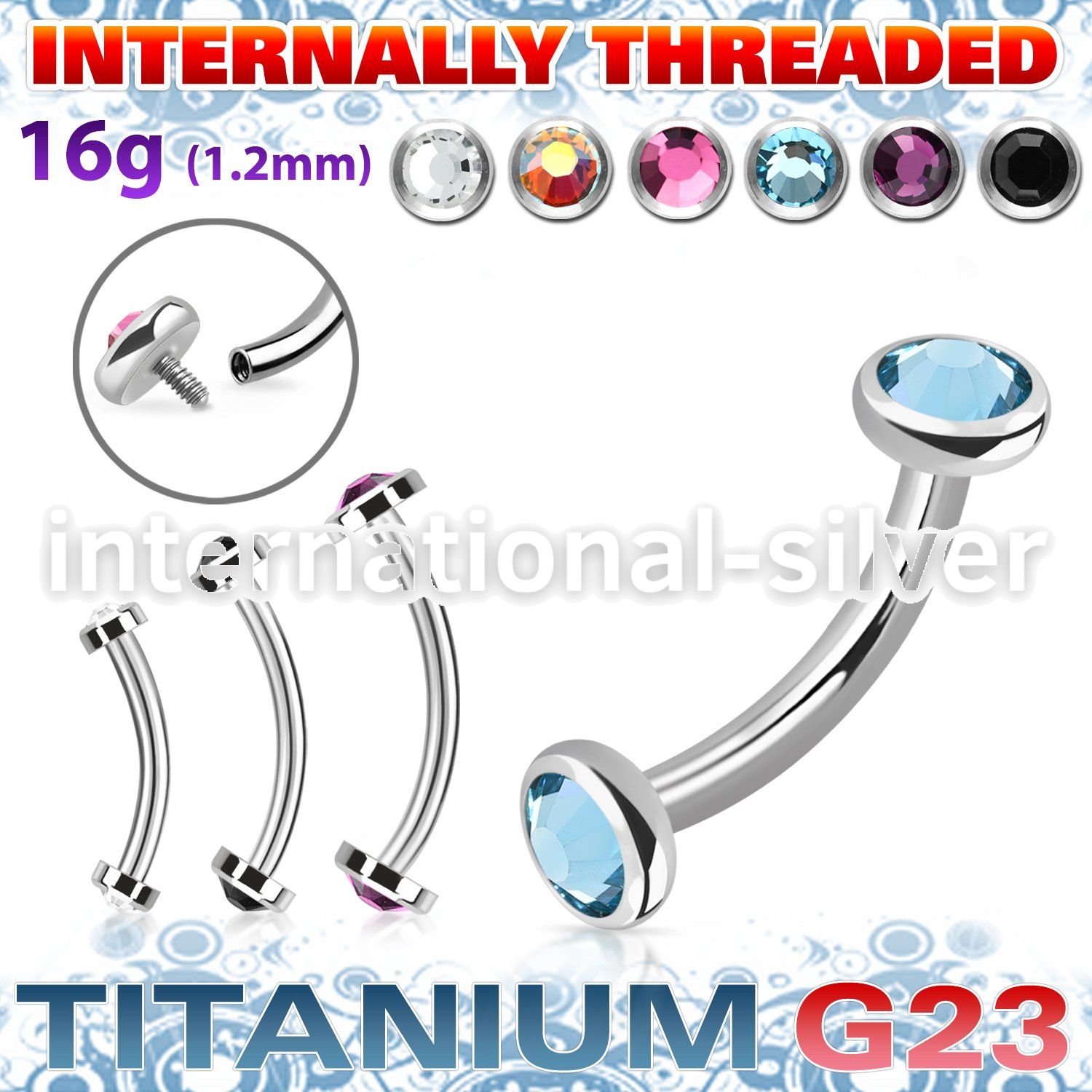 ubnin11 titanium curved barbell 16g flat back gems internal