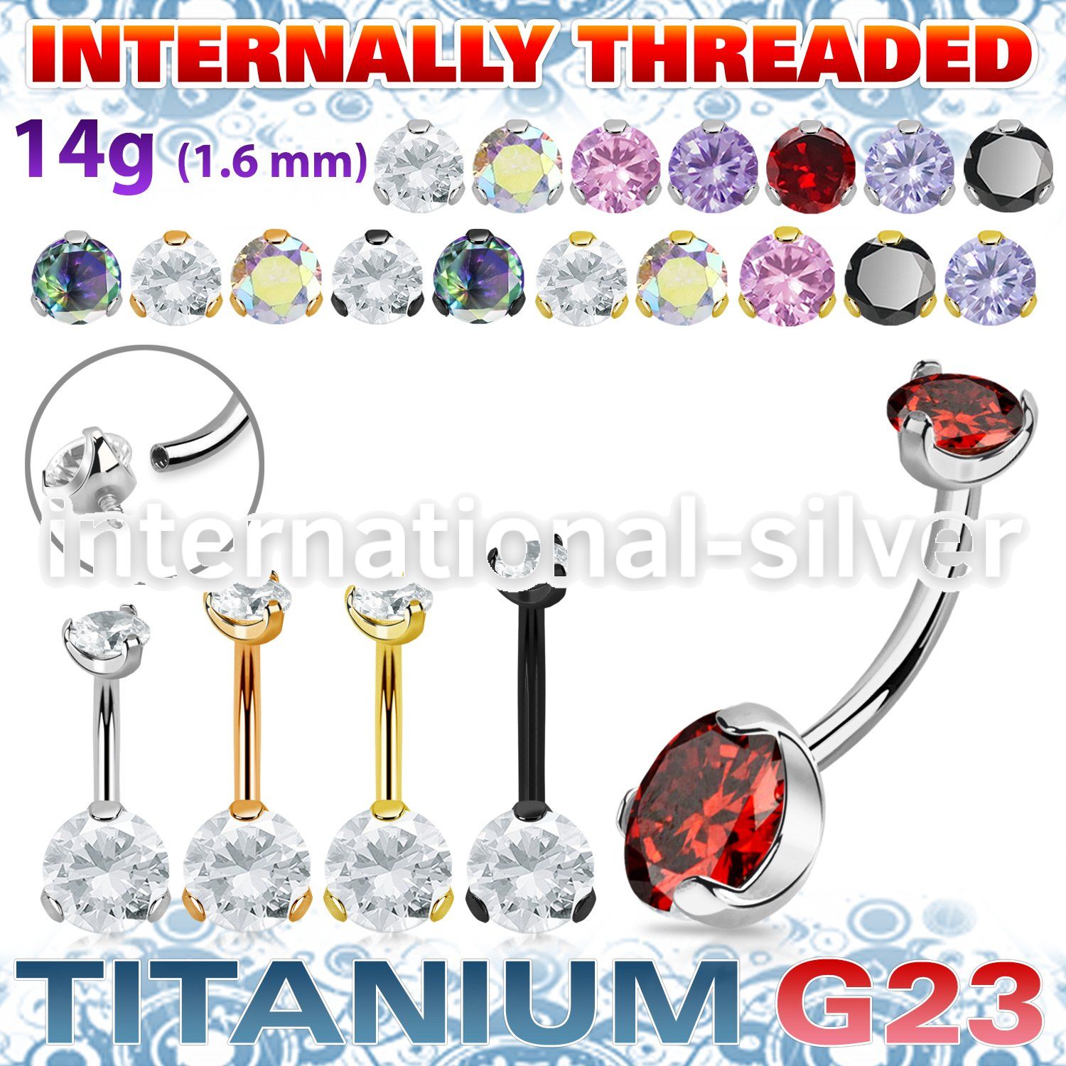 ubnzsh4 titanium curved barbell 14g clear cz internal
