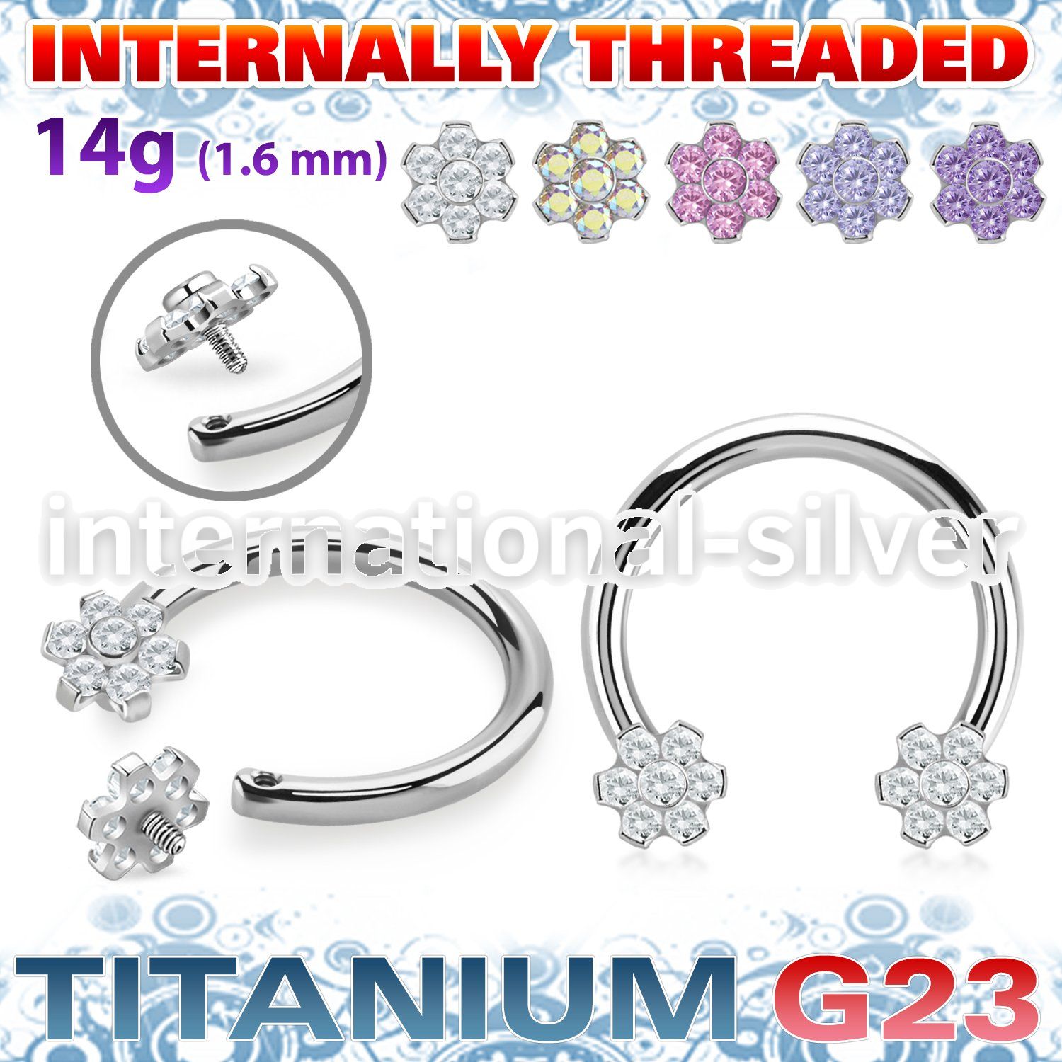 ucbih58 titanium horseshoe 14g flower top cz internal