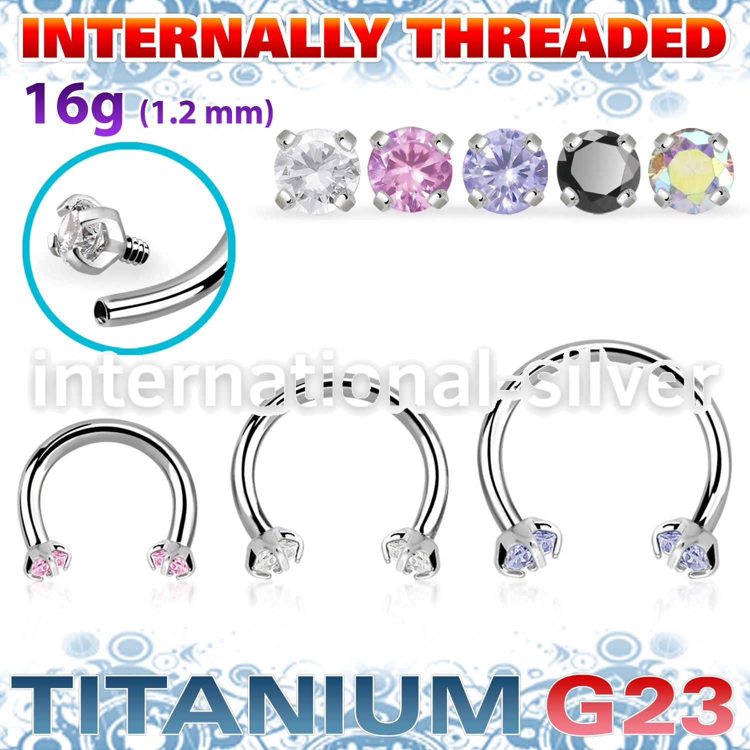 ucbin12 titanium horseshoe 16g round color cz internal