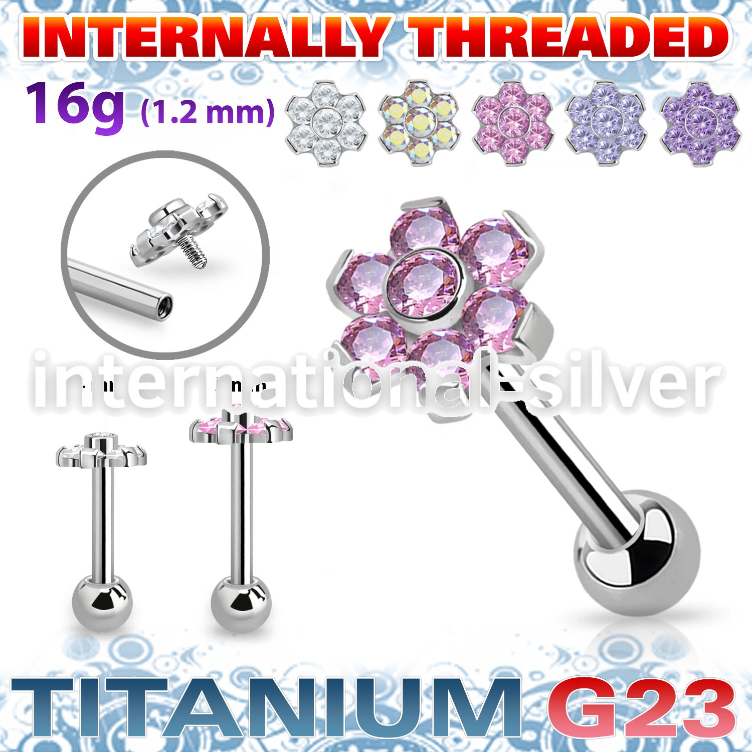 uhein10 titanium barbell internal threading 7 color cz