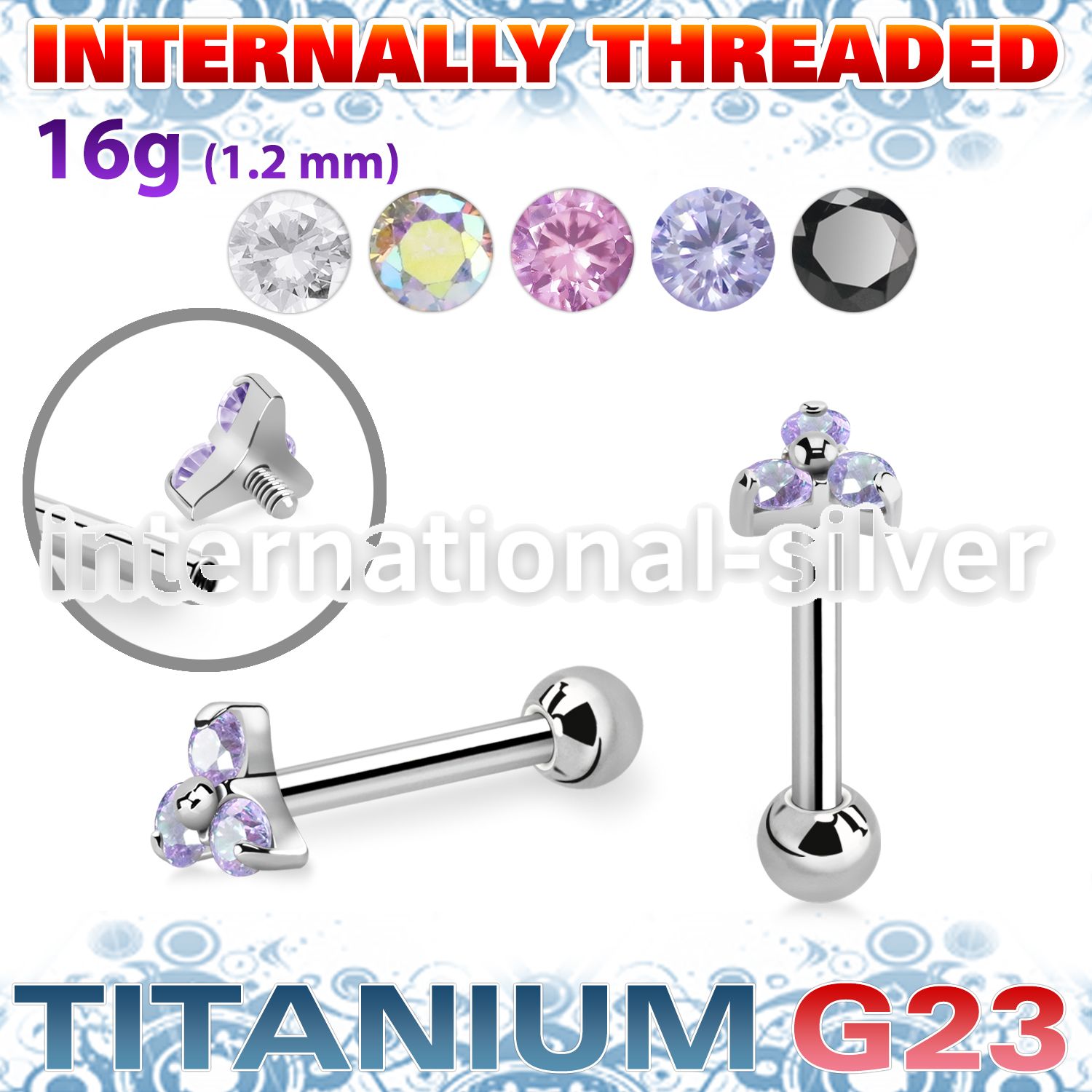 uhein13s titanium barbell 16g triangle cz ball internal