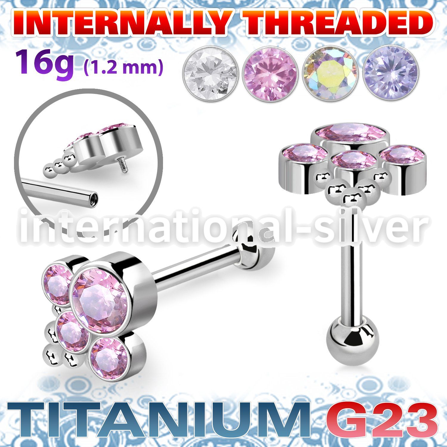 uhein17 titanium barbell bohemian top cz ball internal