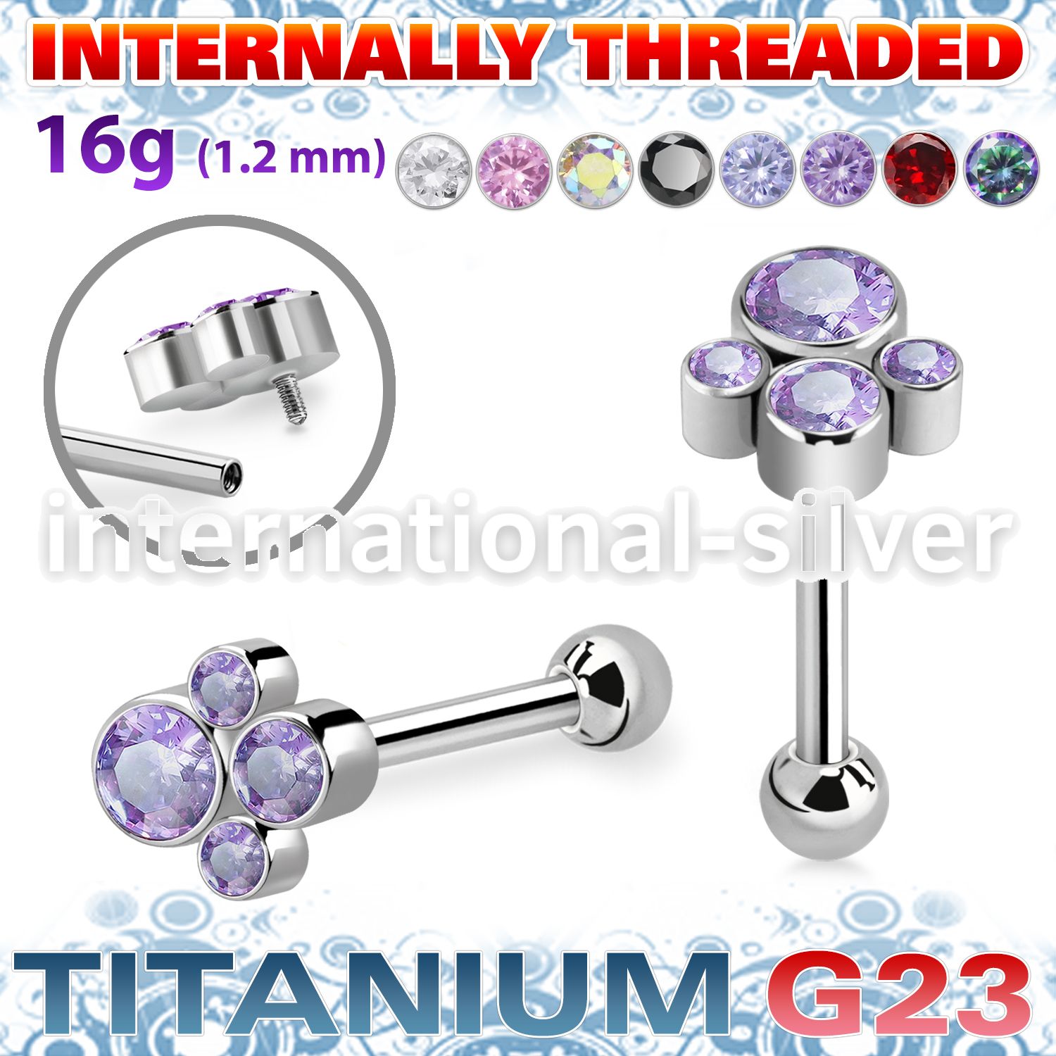 uhein22 titanium barbell four press cz cluster ball internal