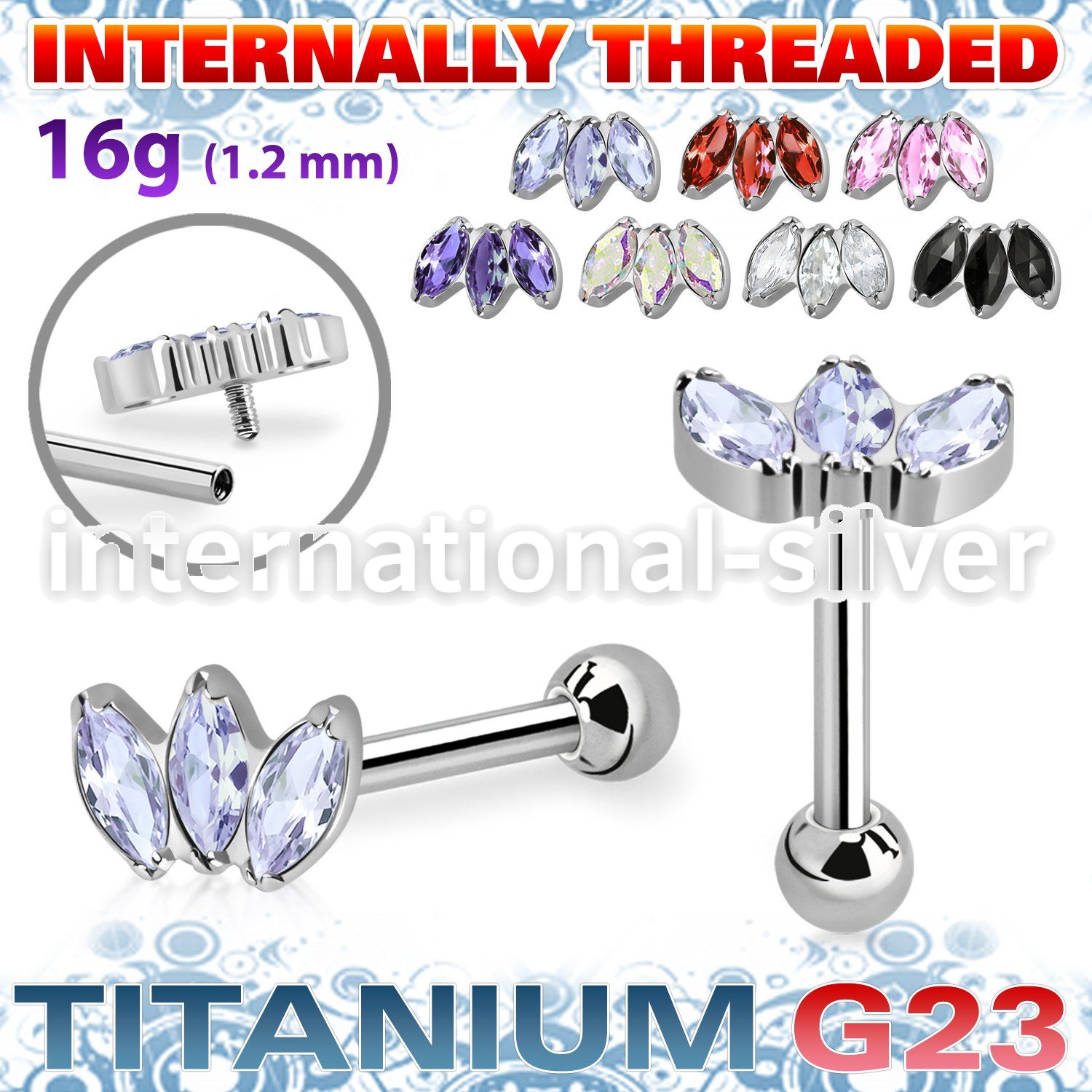 uhein23 titanium barbell three marquise cz ball internal