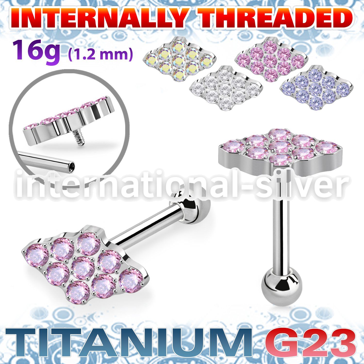 uhein25 titanium barbell cz rhombus shape ball cnc internal