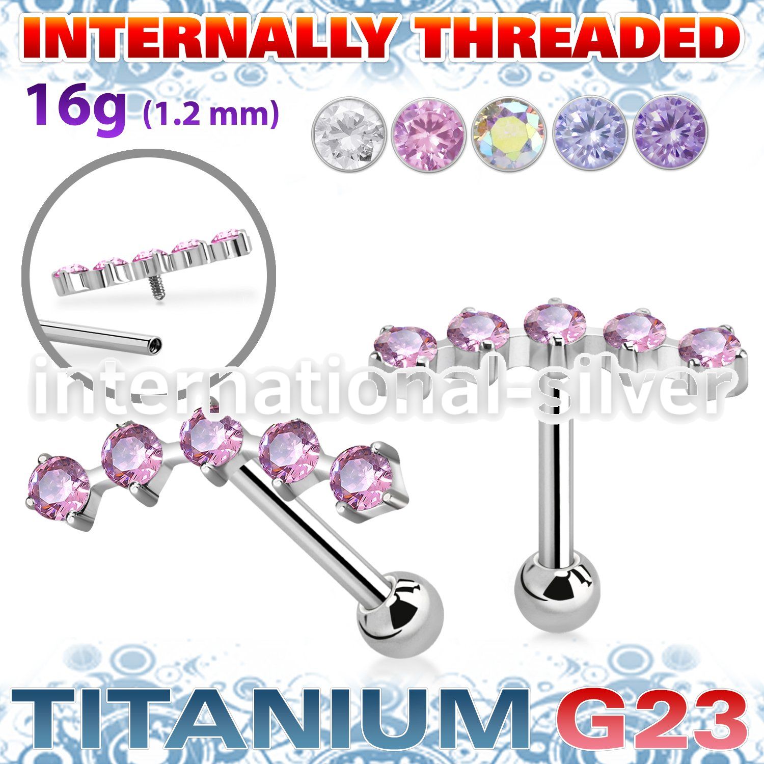 uhein27 titanium barbell prong cz curve top ball internal